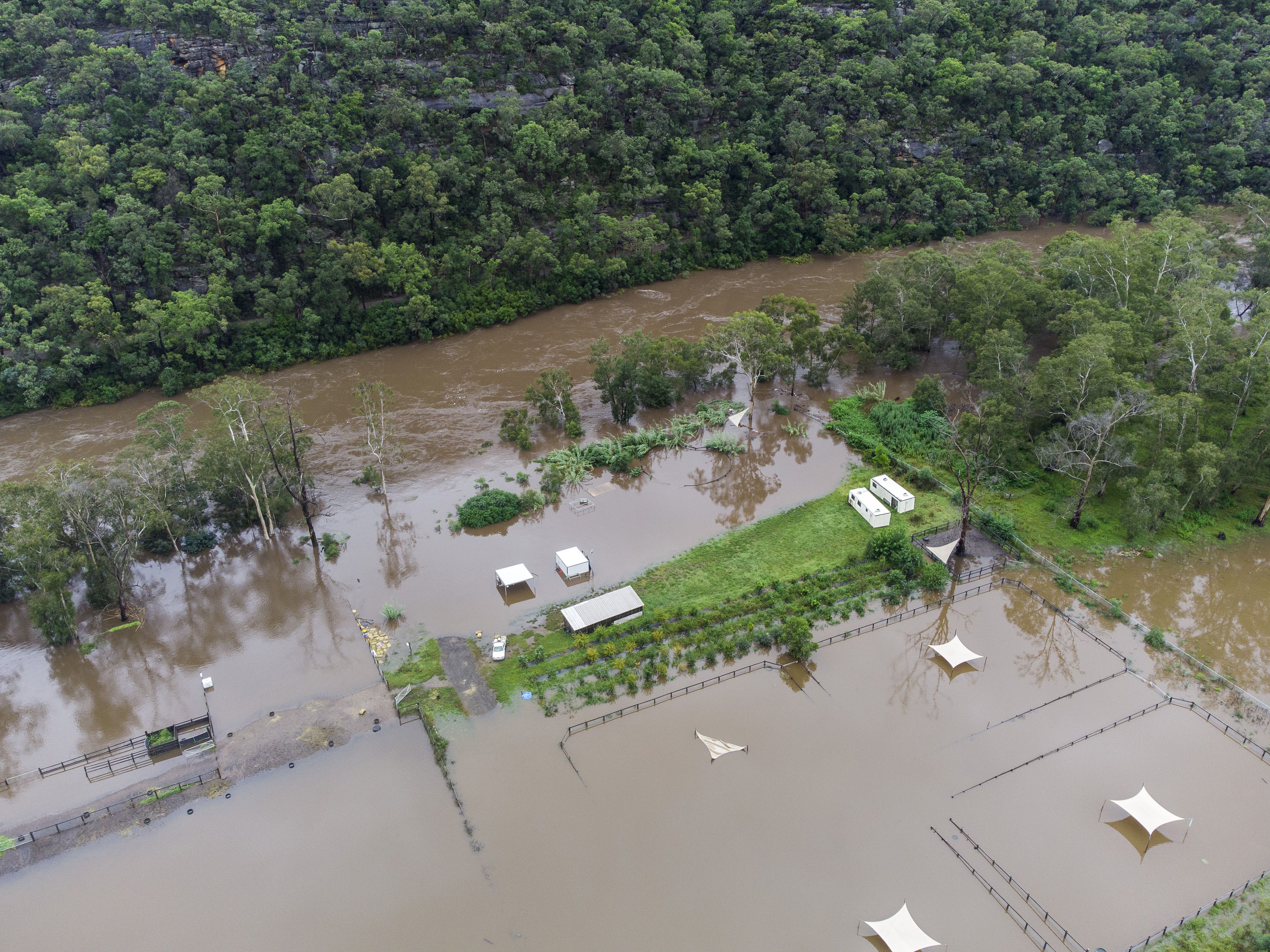 An aerial view of flooded structures on the Colo River on March 23, 2021 in Colo, Australia.