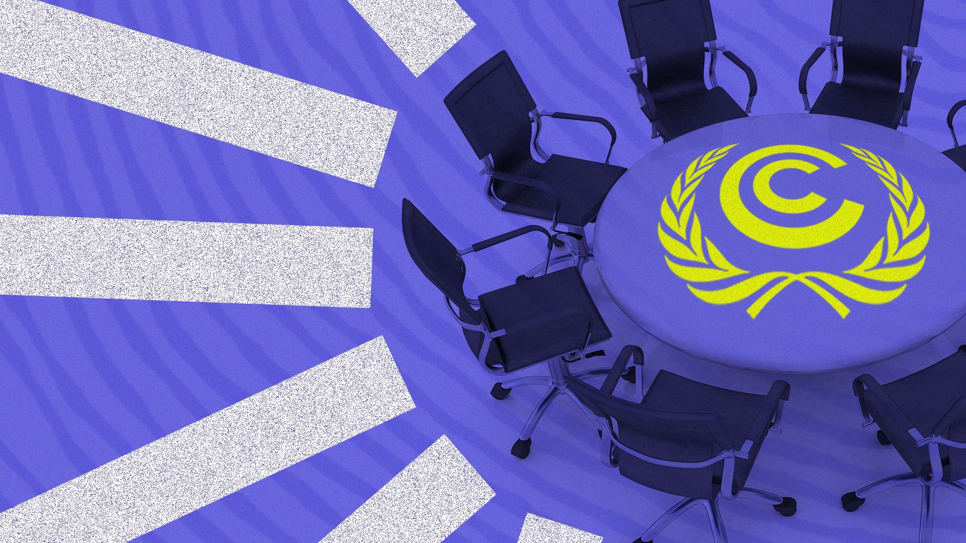Illustration of office chairs surrounding a circular table with the UN Climate Conference logo.