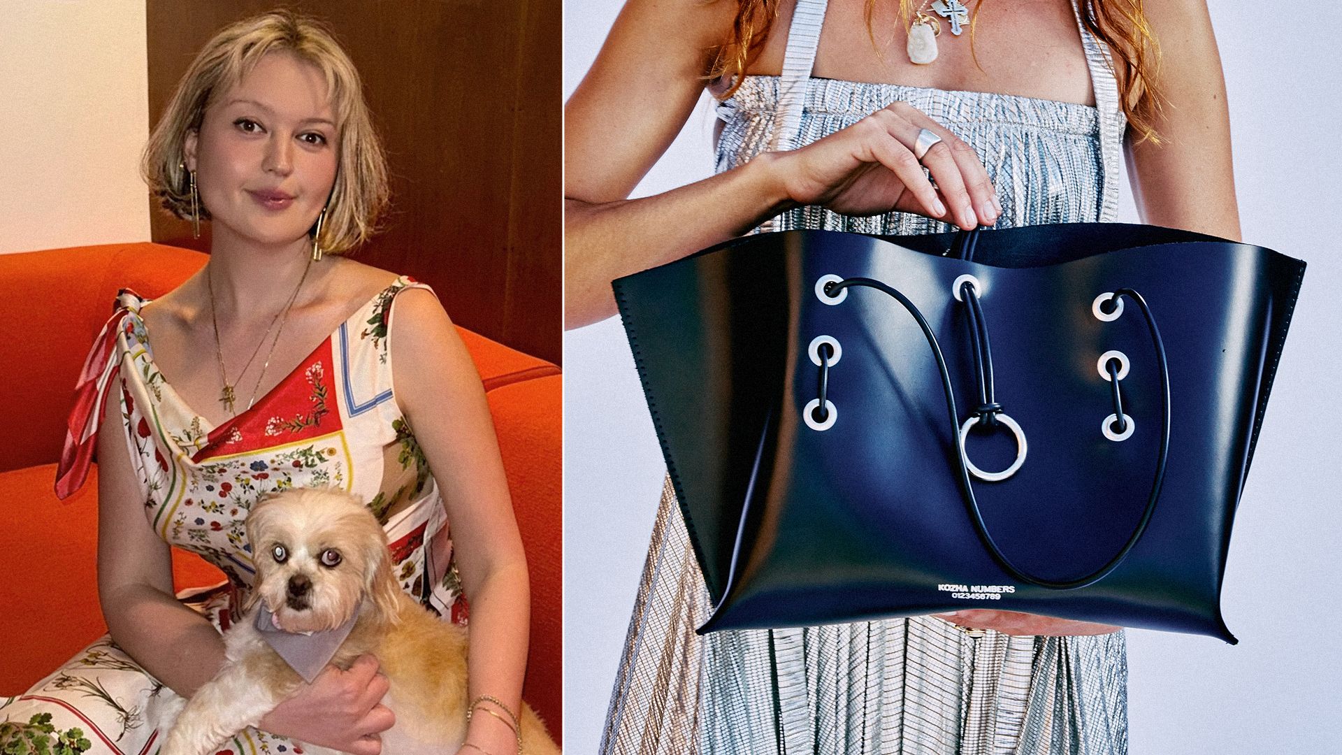 Woman with short blonde hair wearing a floral dress sitting on an orange couch holding a small dog. Close-up of a woman holding a shiny black tote bag with white grommets and a ring detail.