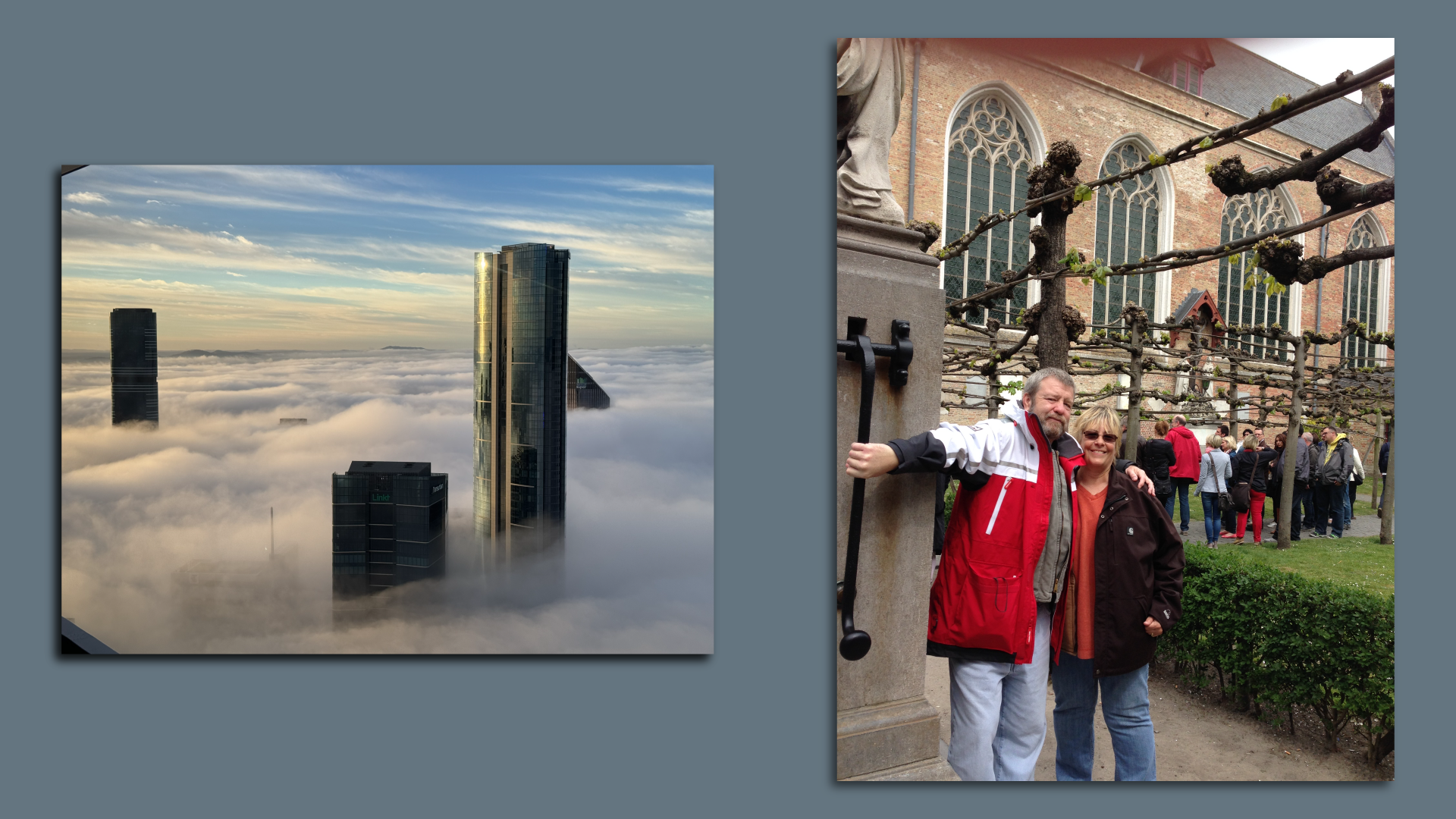 Two photos side-by-side. On the left is a picture of the tops three skyscrapers sticking out above clouds. On the right is a photo of a couple wearing coats posing for a photo outside of what looks like a historic building. 