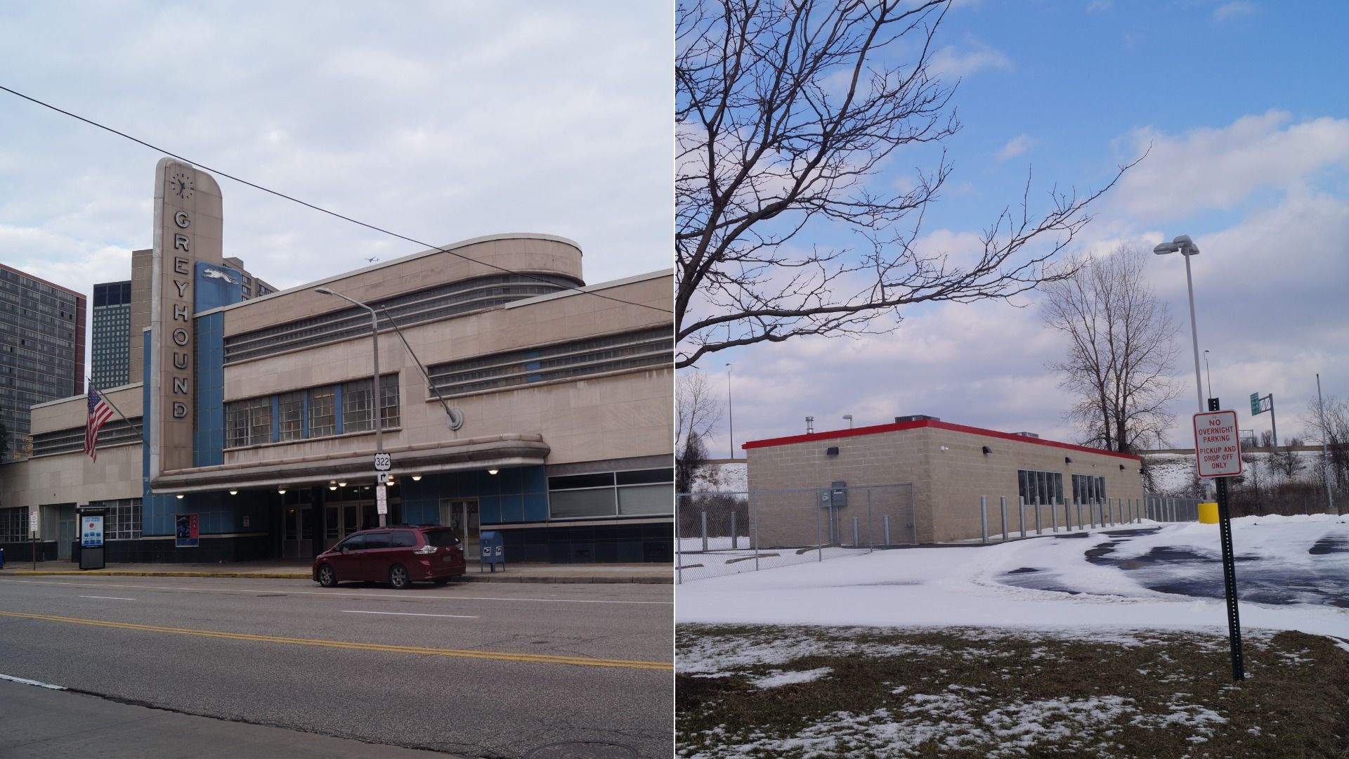 Left: beige and blue Greyhound bus station with an American flag; right: small beige building with red trim, snowy ground, bare trees, and a sign reading "No overnight parking, pickup and drop off only".