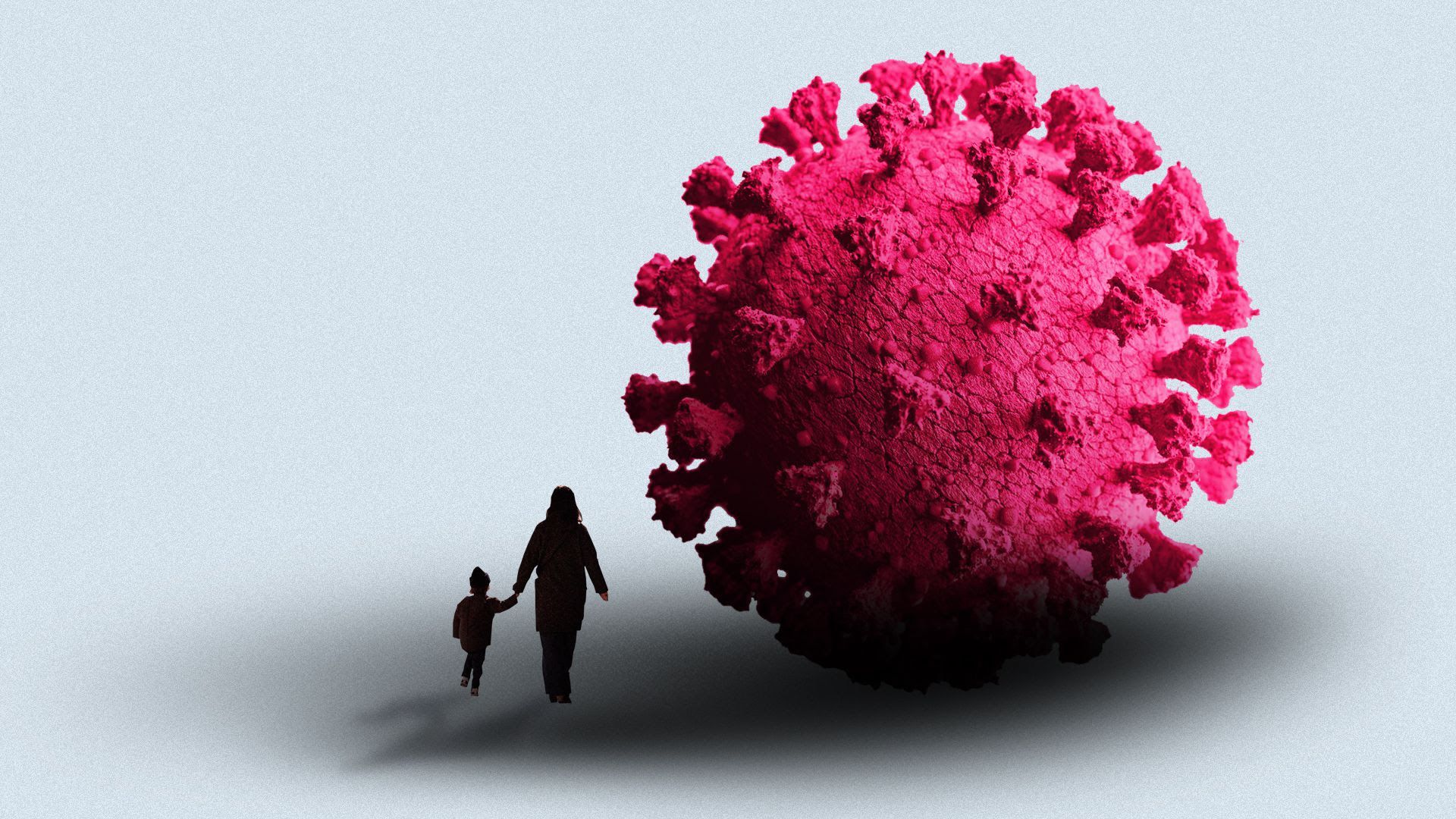 Illustration of a woman holding a child's hand as they walk under the shadow of a coronavirus cell