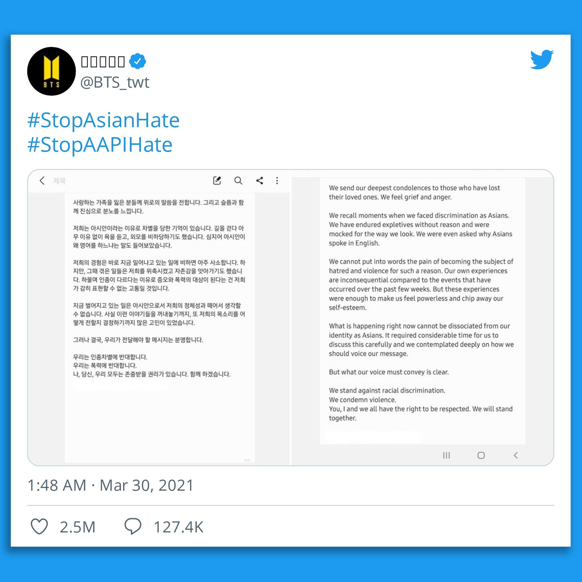 BTS Stop Asian Hate tweet was most retweeted in 2021