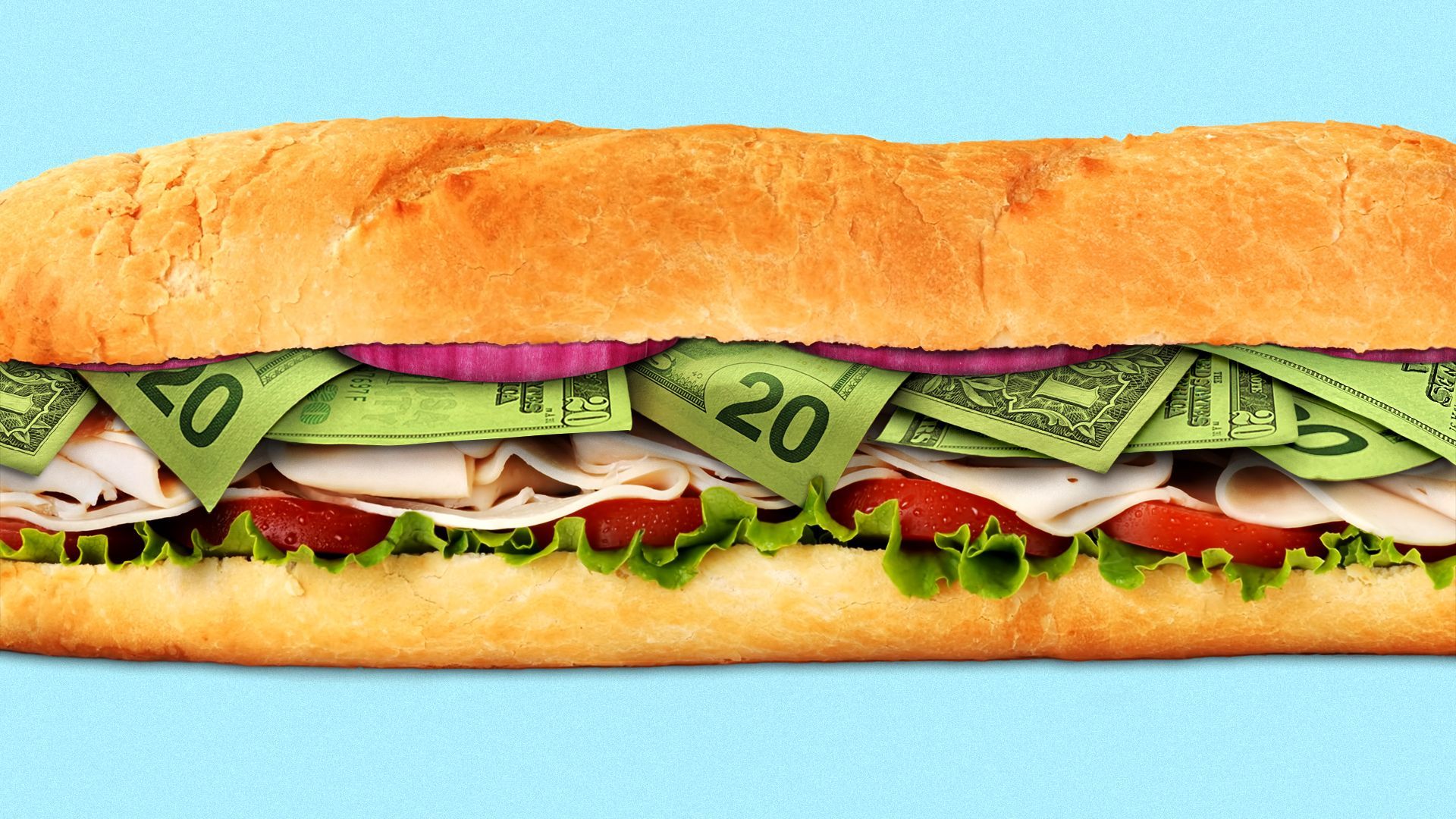 an illustration of a footlong sandwich stuffed with turkey, tomatoes, lettuce, onions and dollar bills 