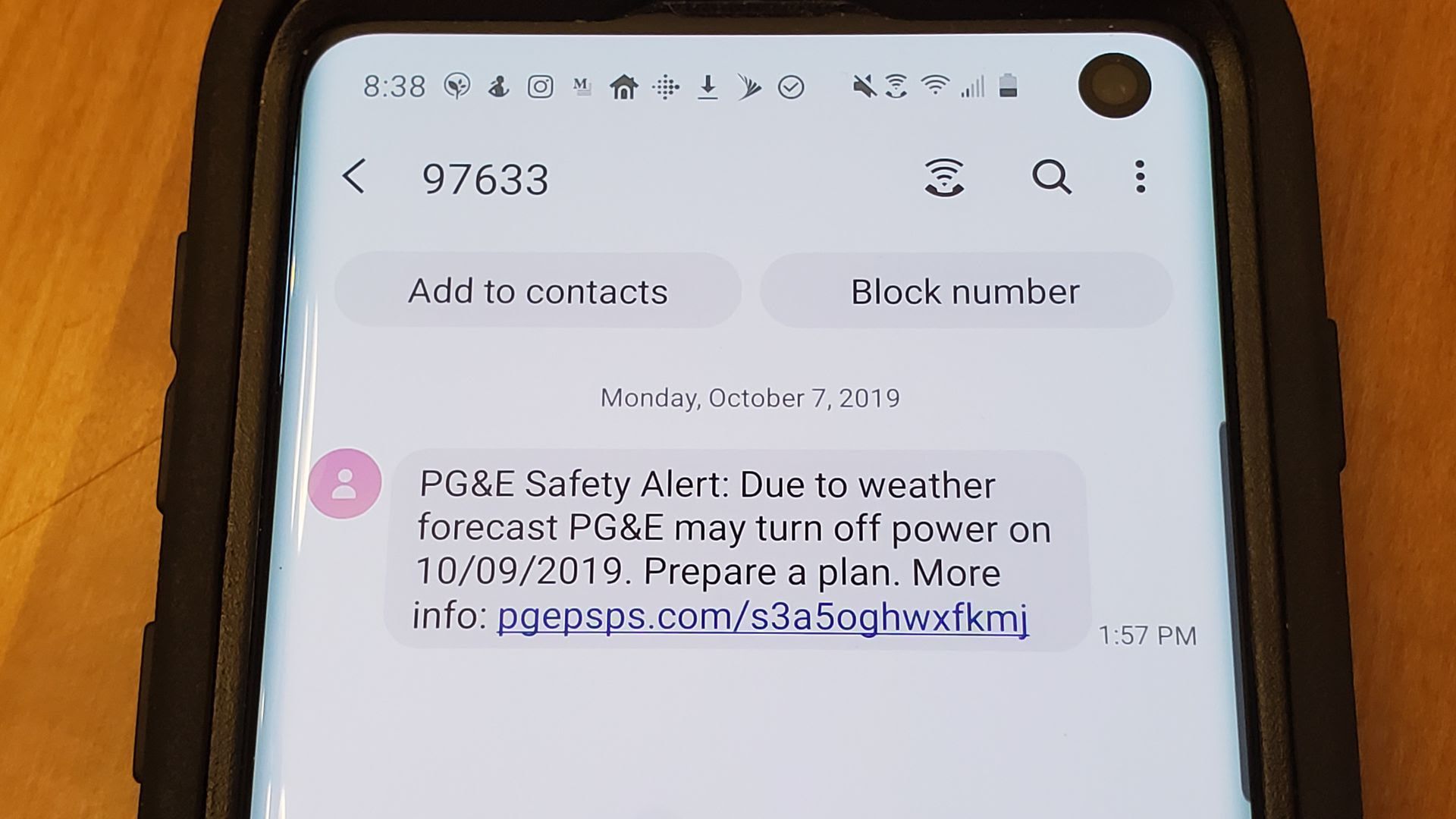 PG&E text message