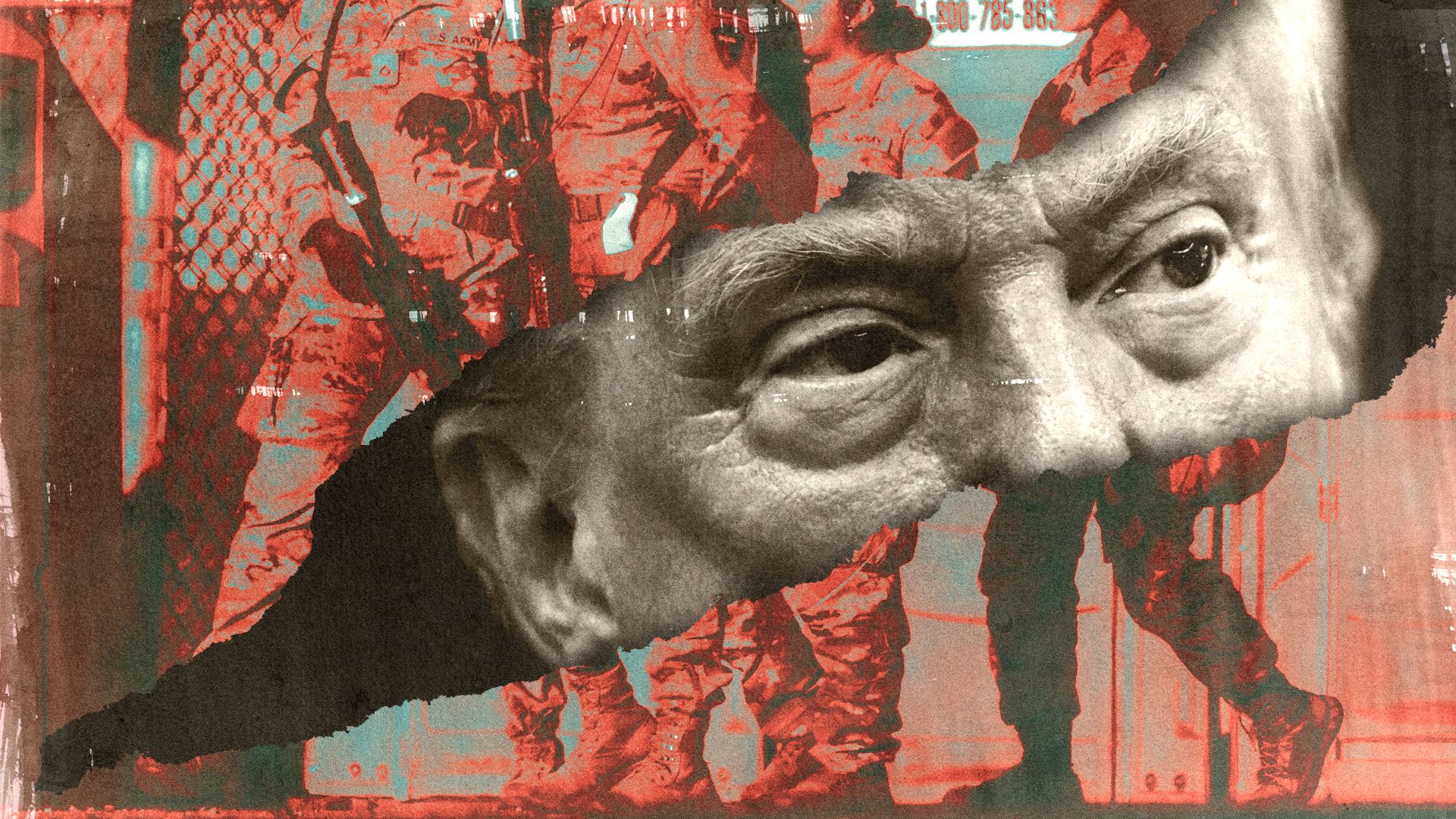 Photo illustration of Donald Trump surrounded by torn paper and military elements. 