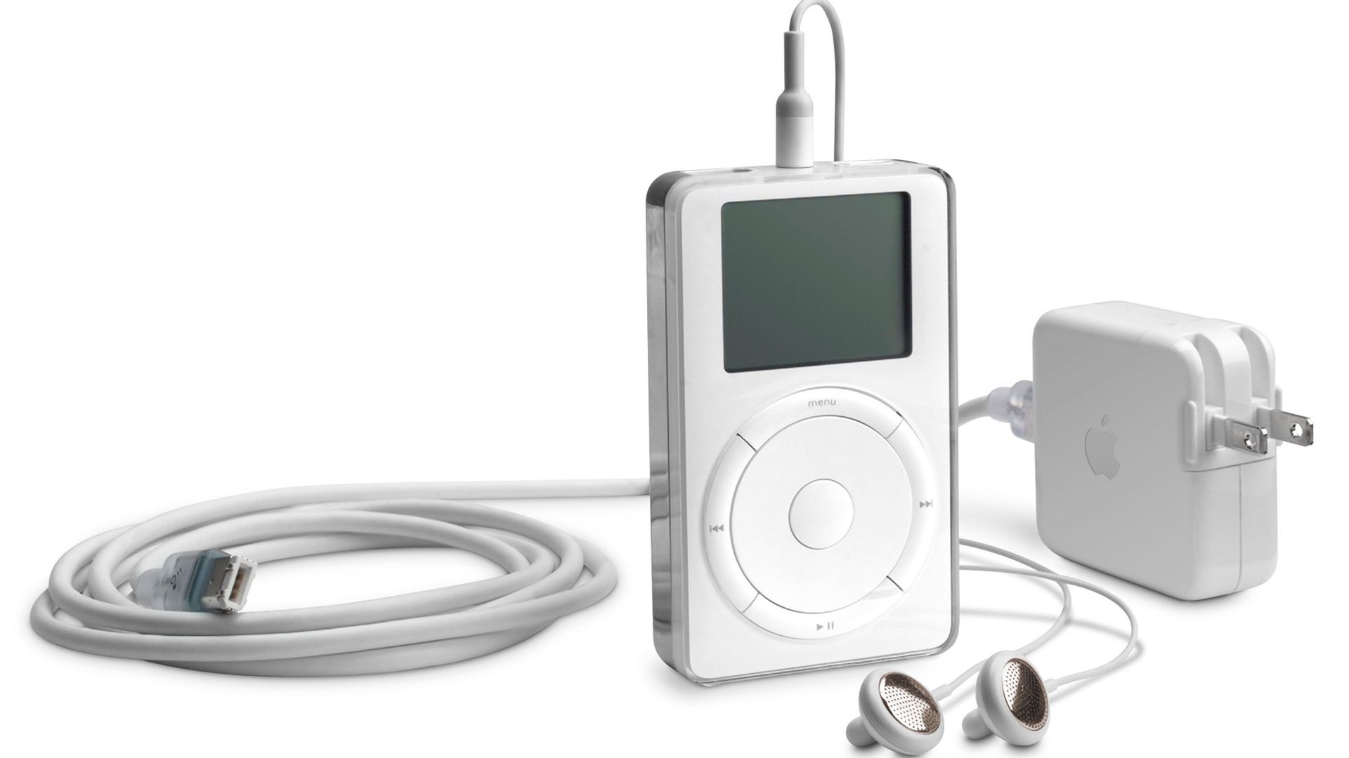 An early iPod, with charger and headphones.