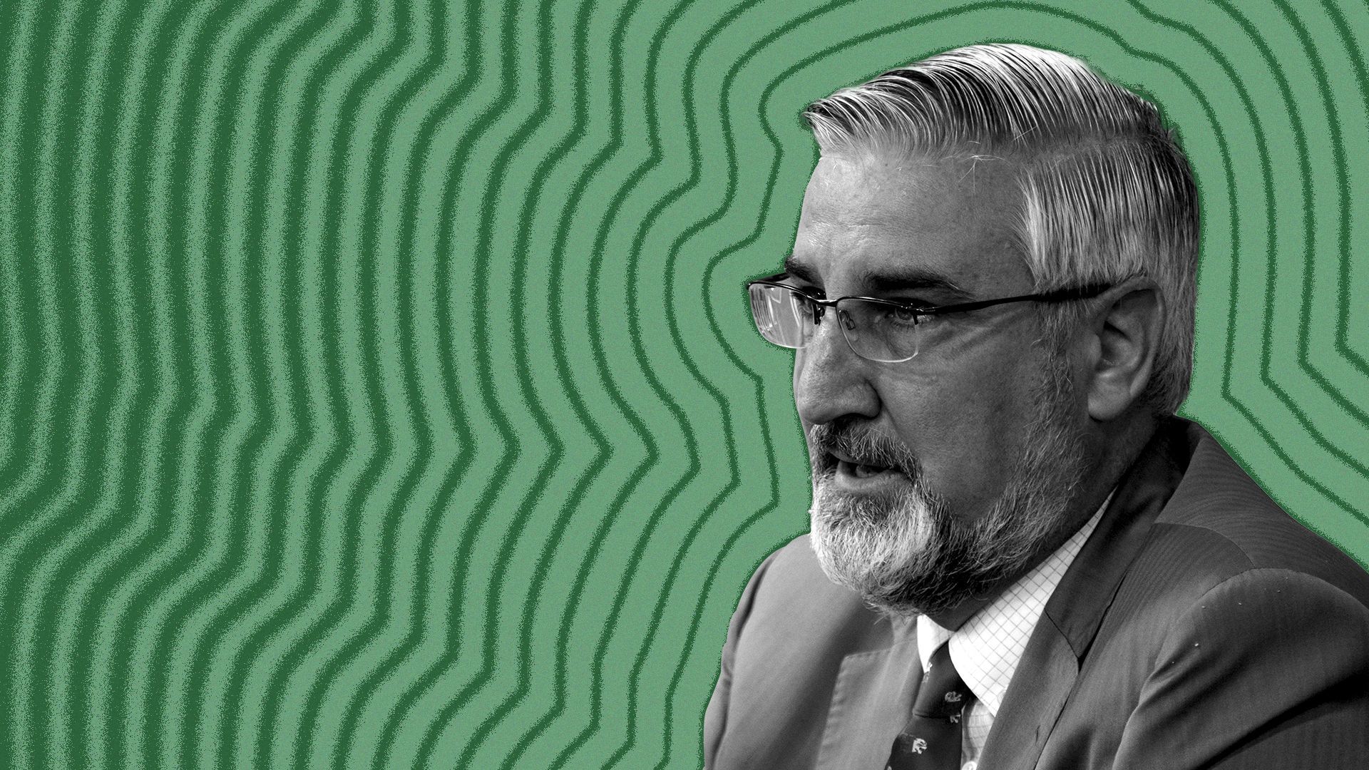 Photo illustration of Indiana governor, Eric Holcomb, with radiating lines.