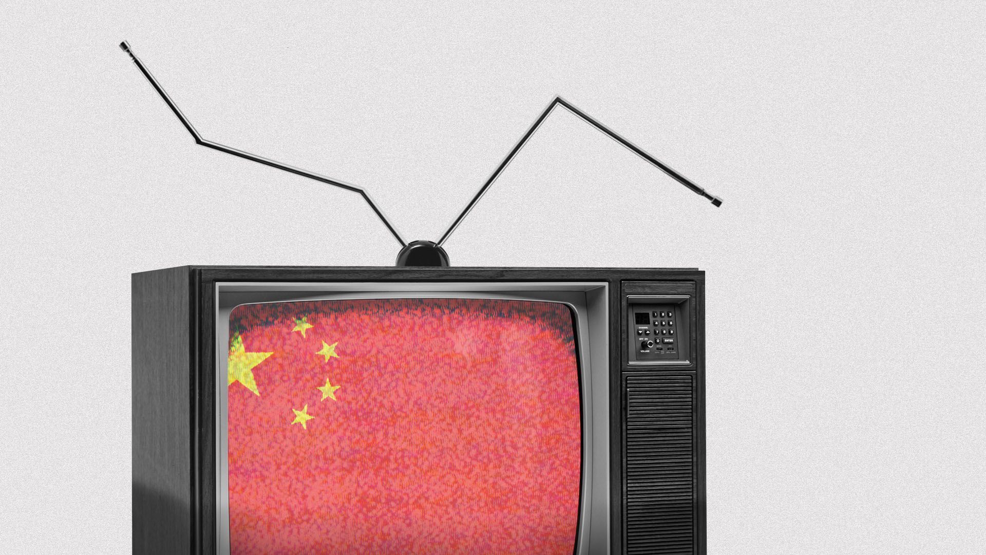 Illustration of a vintage television with bent antennae and a Chinese flag on the screen