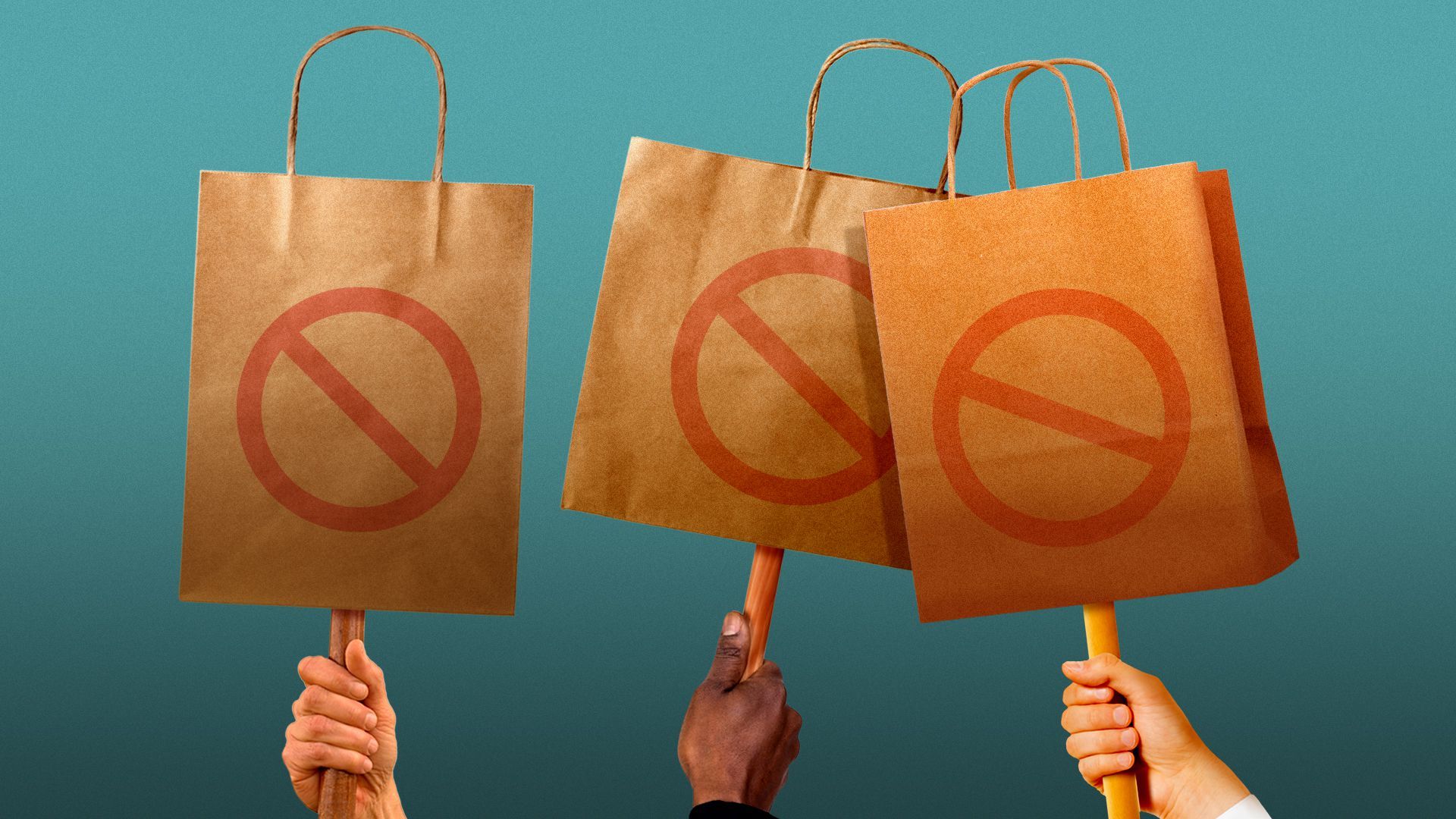 Illustration of hands holding picket signs made from shopping bags.