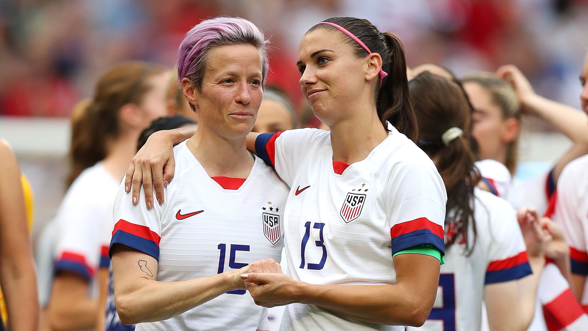  Megan Rapinoe and Alex Morgan celebrate after the 2019 FIFA Women's World Cup France Final match between The United State of America and The Netherlands at Stade de Lyon 
