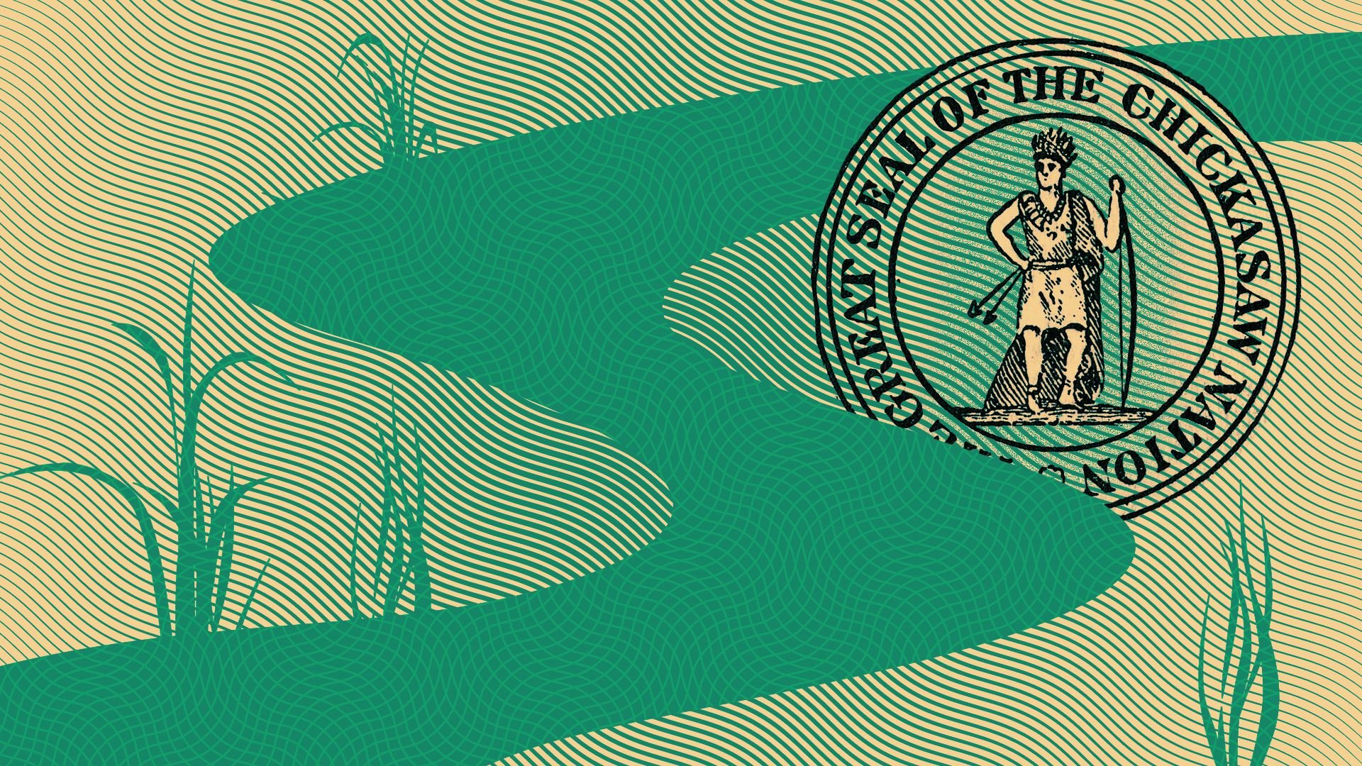 Photo illustration of the seal of the Chickasaw Nation arranged near a river from the Pennington Creek Capital logo. 