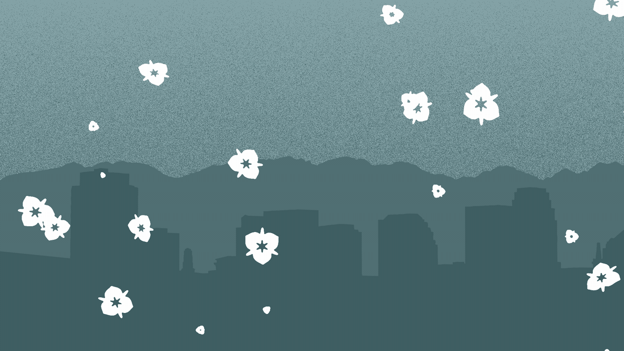 Animated illustration of the Salt Lake City skyline with snowflakes in the shape of sego lilies falling on it.