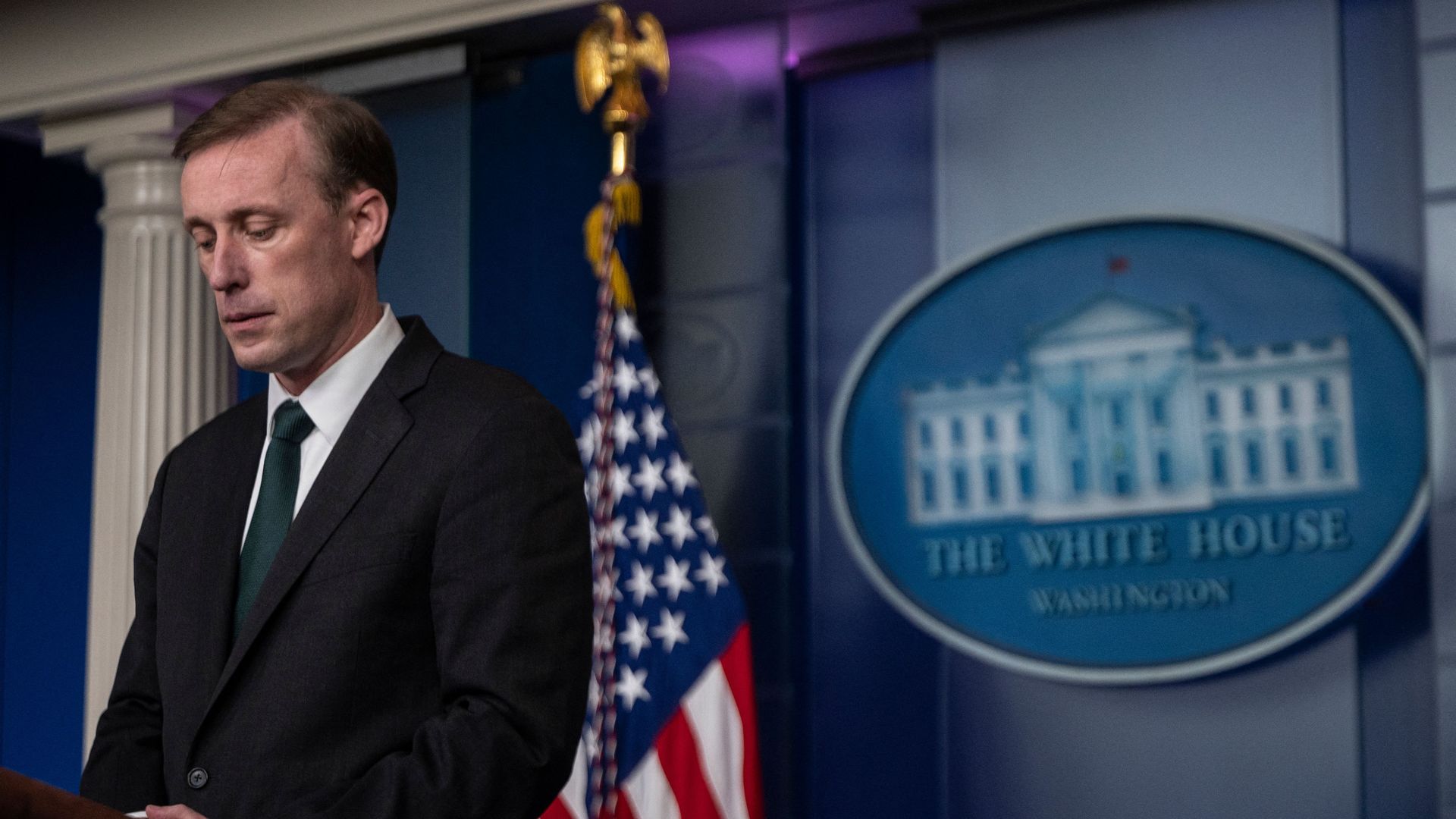Jake Sullivan looks on during the daily press briefing on the situation in Afghanistan at the White House in Washington, DC on August 17,