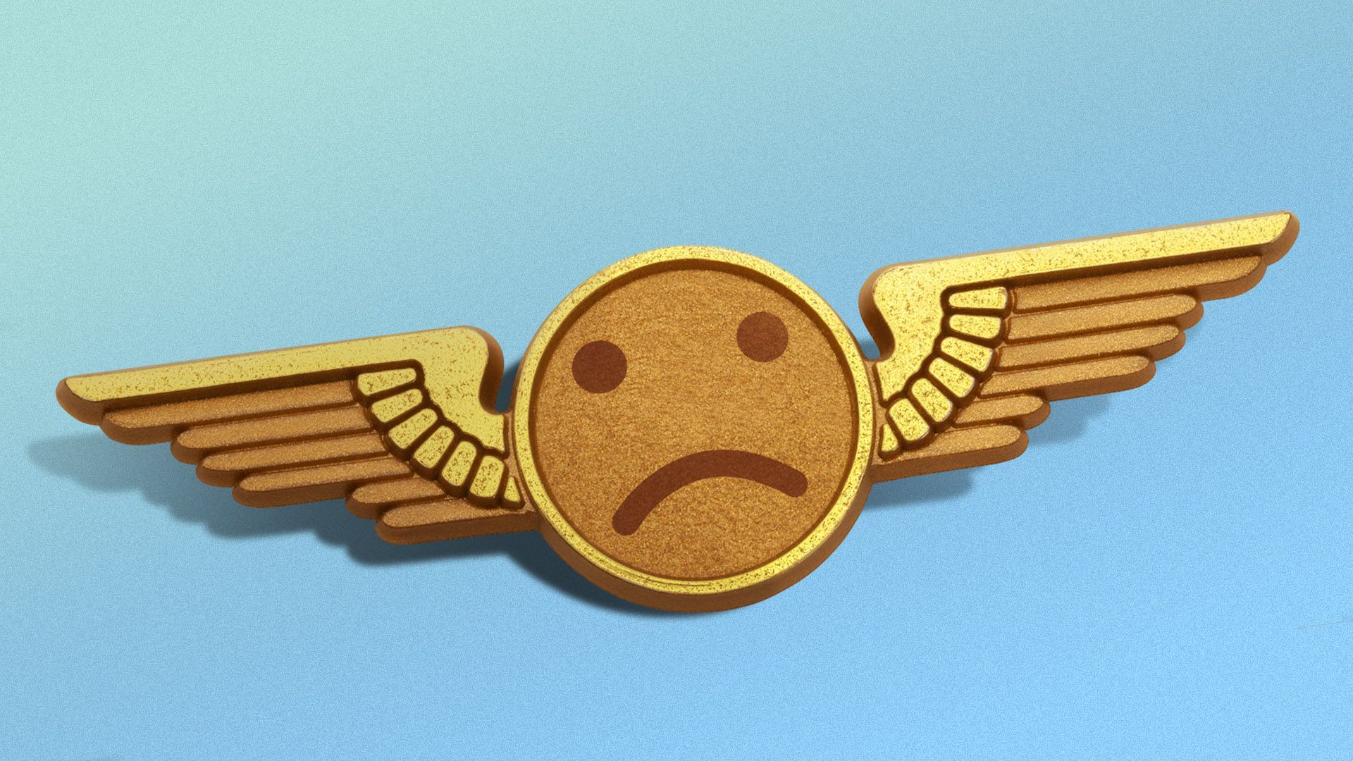 Illustration of a pilot wings pin with a sad face in the middle