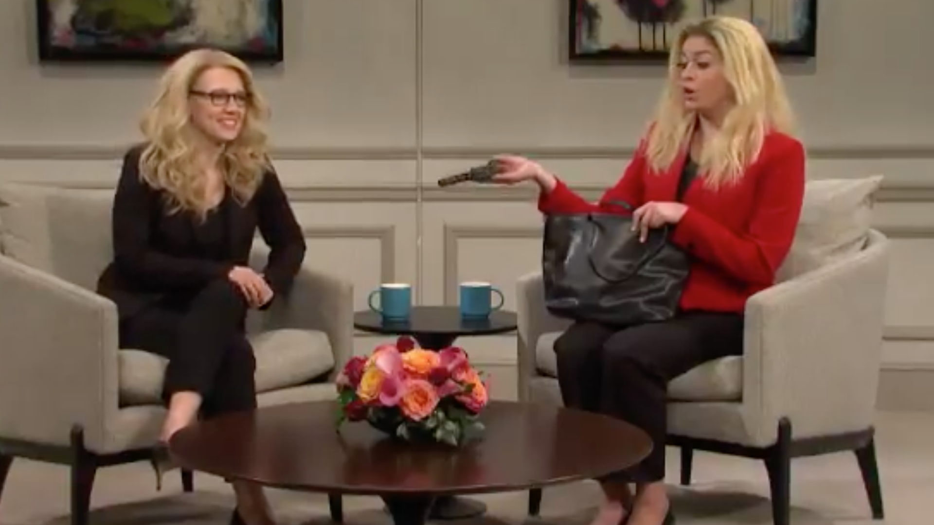 "SNL" regulars Kate McKinnon as a talk show host and Cecily Strong as Rep. Majorie Taylor Greene in the cold open.