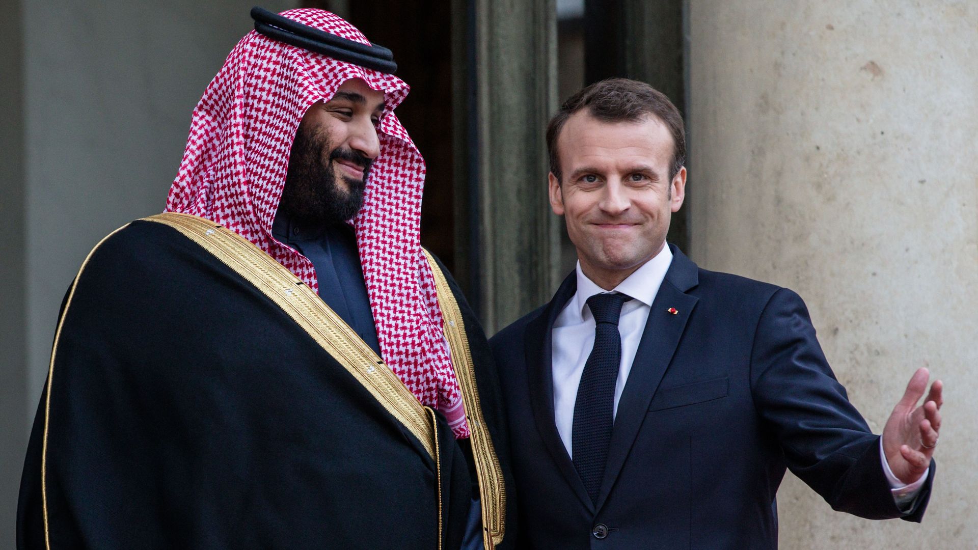 French President Emmanuel Macron welcomes the Crown Prince of Saudi Arabia Mohammed Bin Salman