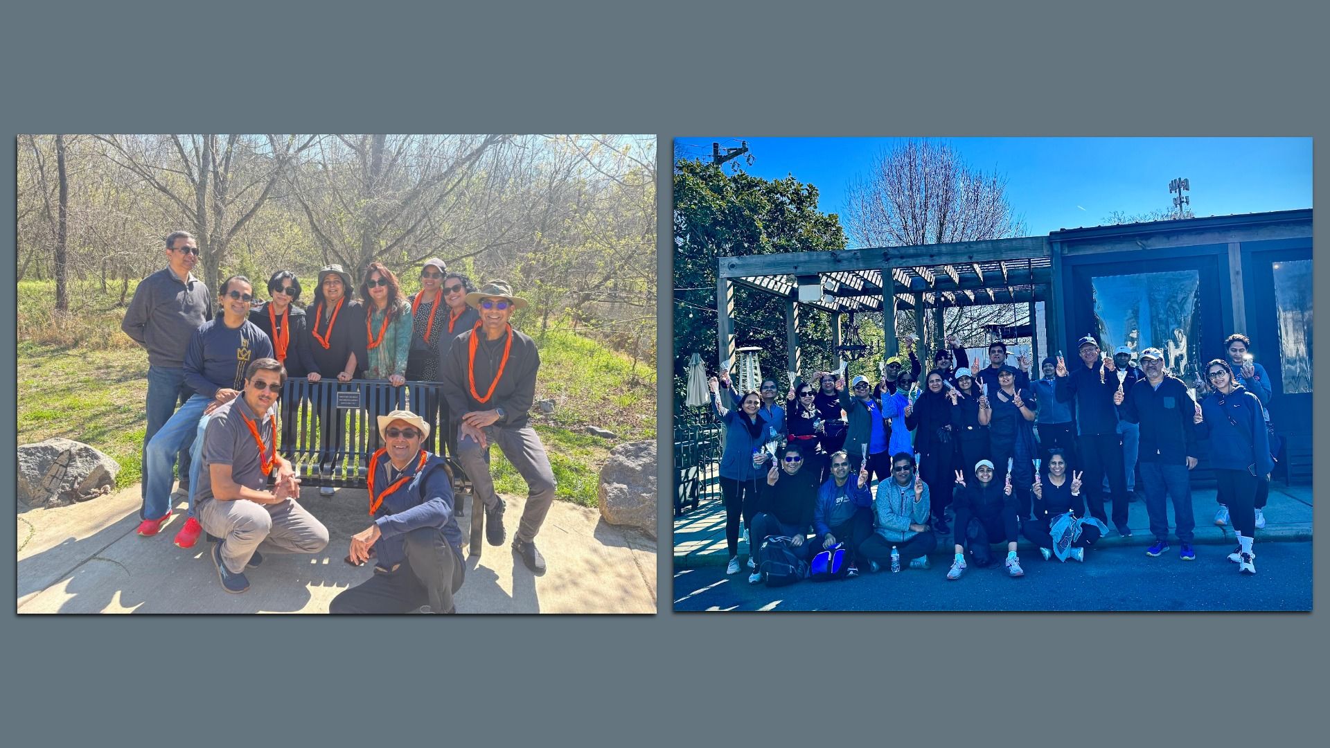 Two photos side by side: left shows a sunny park group wearing orange scarves, posing with smiles; right shows a larger crowd in front of a blue building, many flashing peace signs.