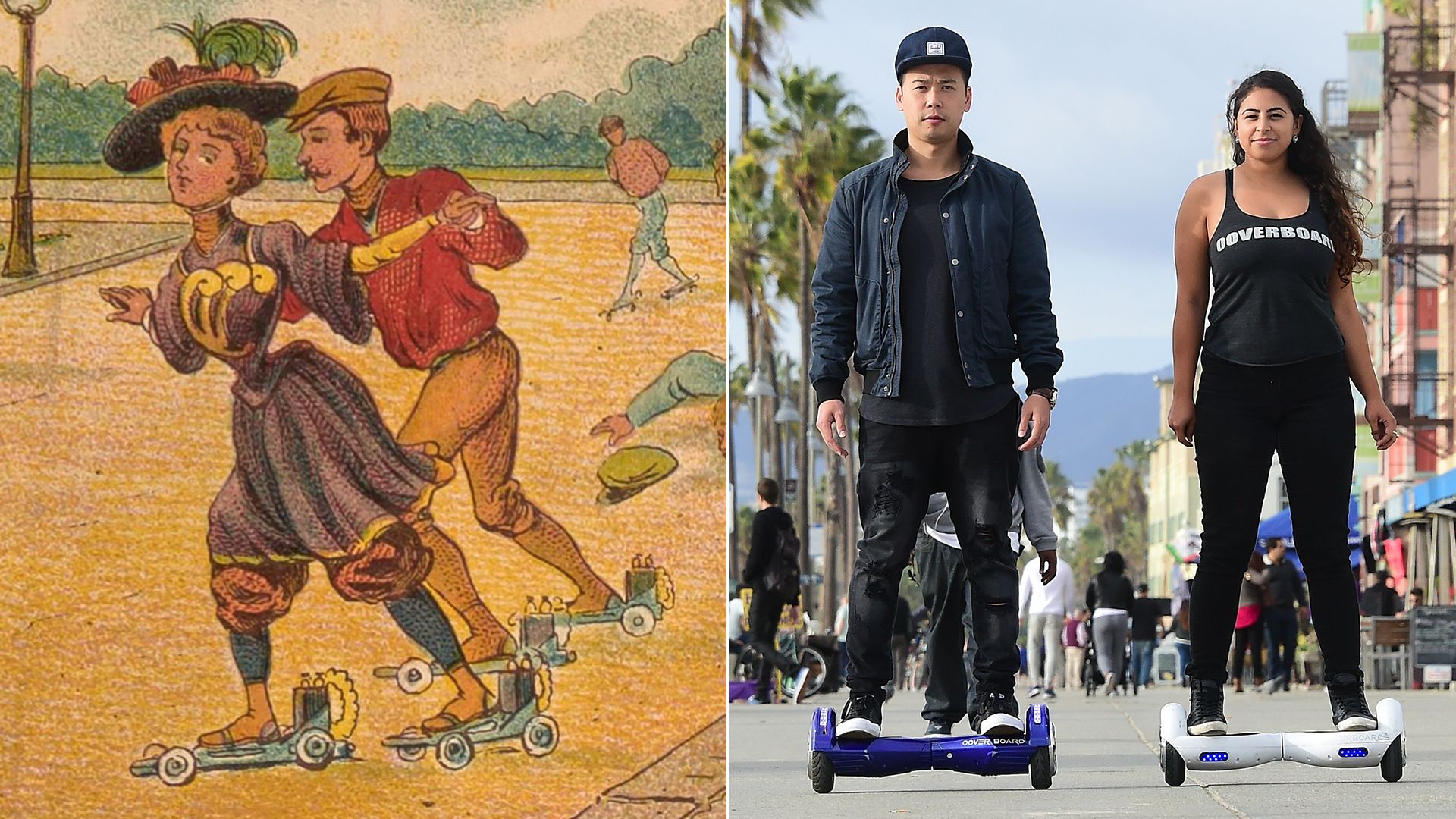A diptych showing people on electric rollerskates and hoverboards.