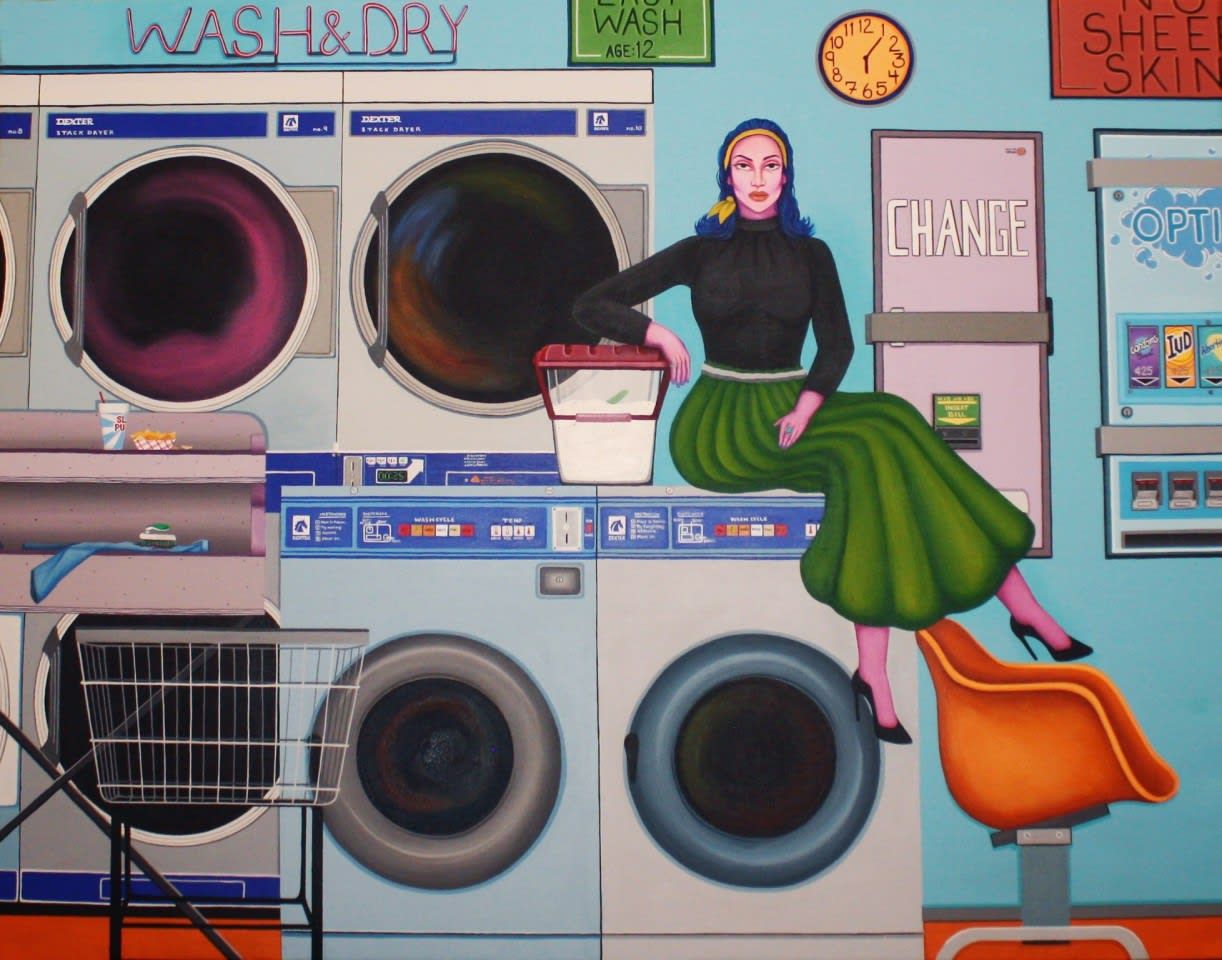 A painting of a woman wearing a bright green skirt sitting on top of a laundry machine.
