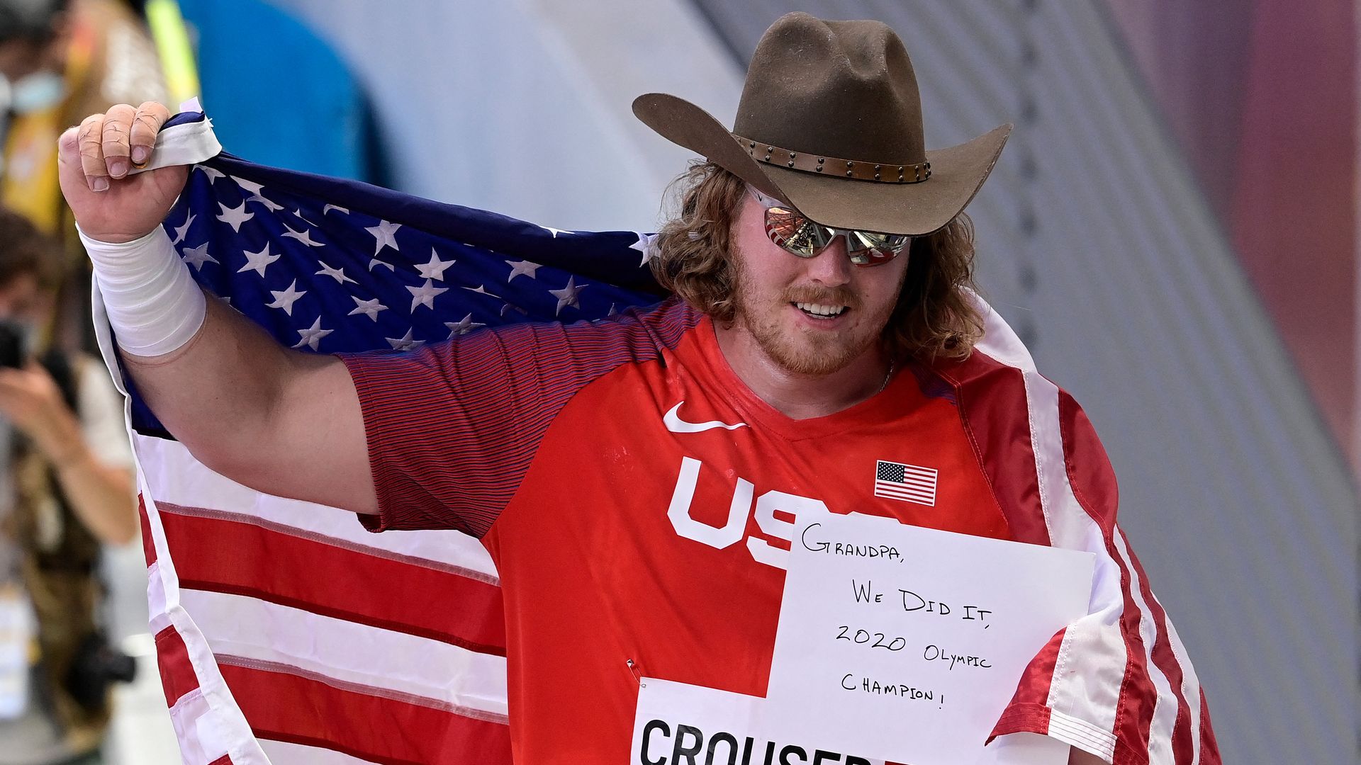 USA's Ryan Crouser celebrates after winning the men's shot put final during the Tokyo 2020 Olympic Games at the Olympic stadium in Tokyo on August 5