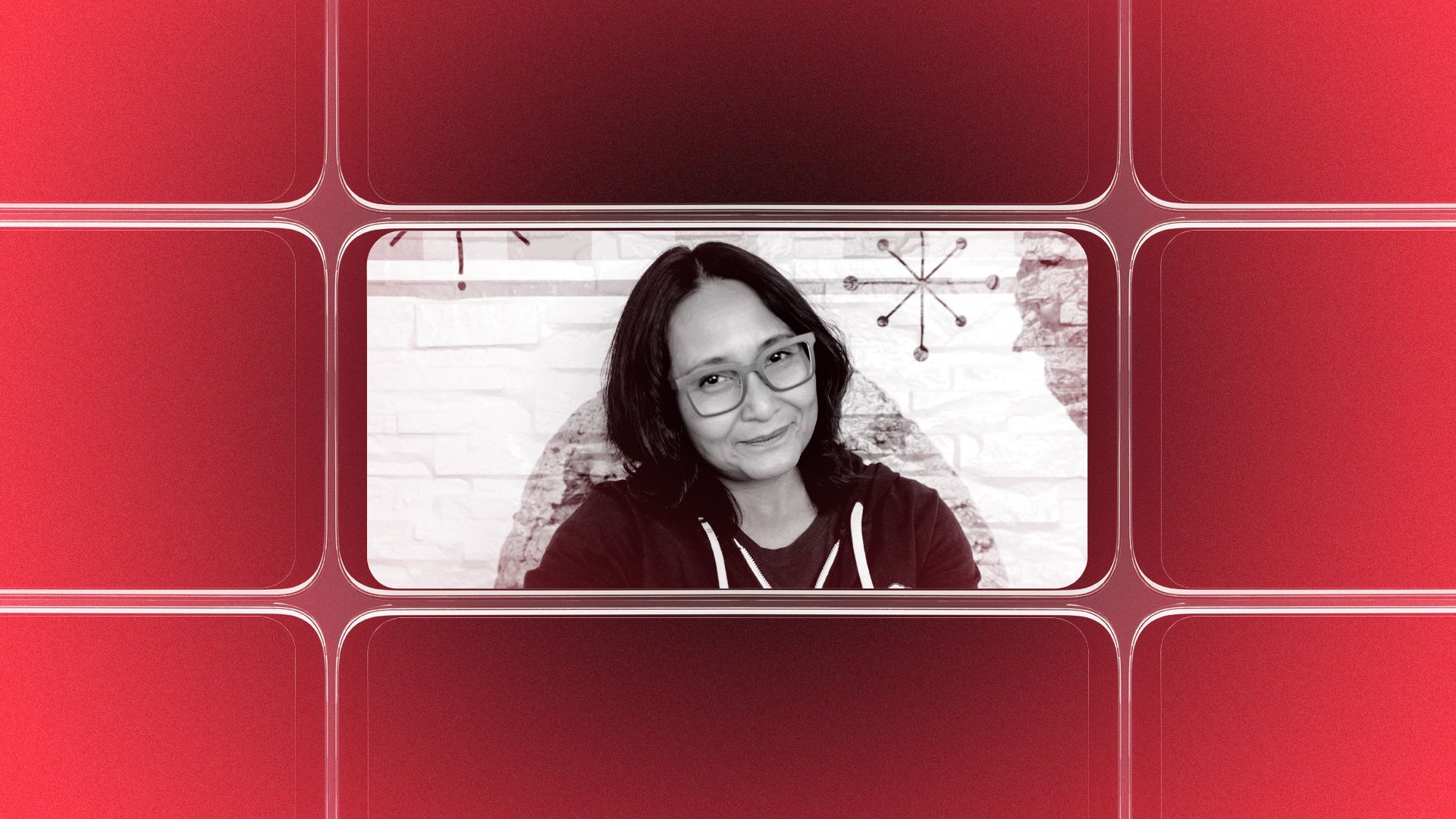 Photo illustration of a grid of smartphone screens, the center one showing an image of Tina Rexing.