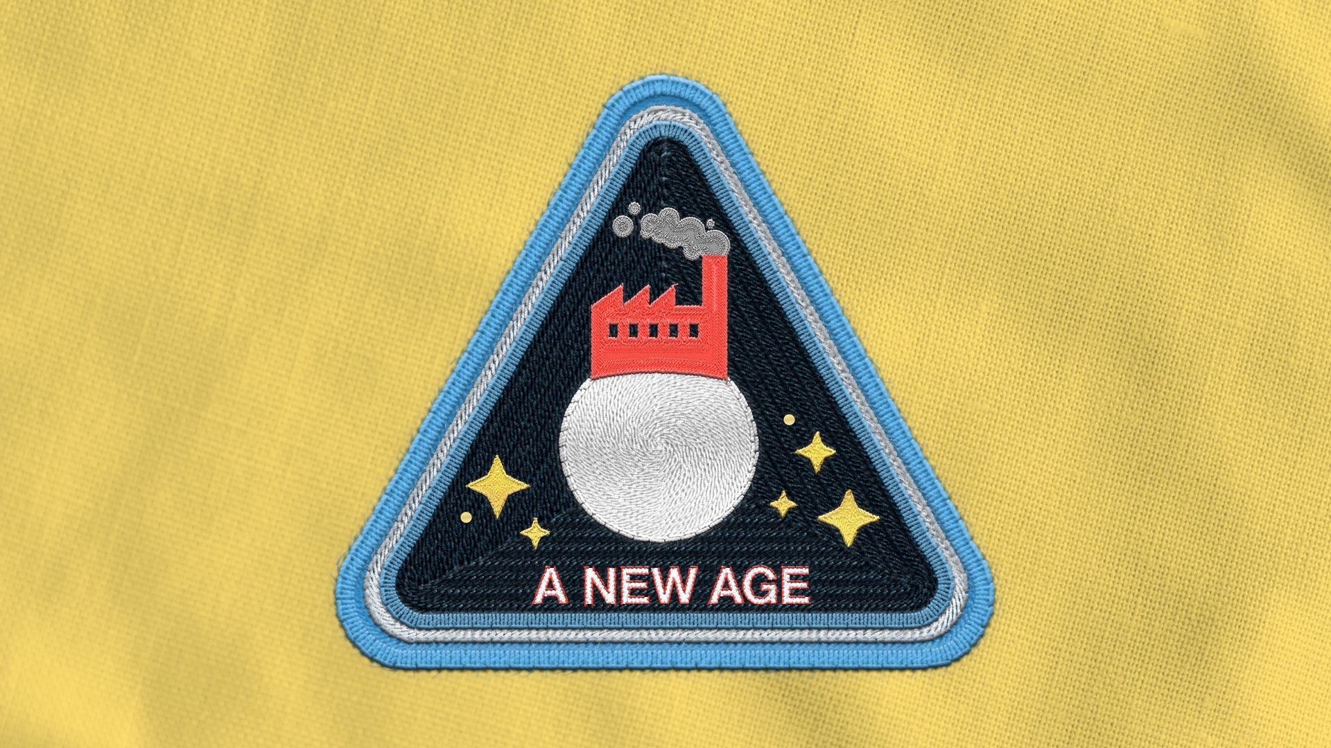 Illustration of an astronaut badge depicting a factory on the moon, the words "A NEW AGE" are on the badge. 