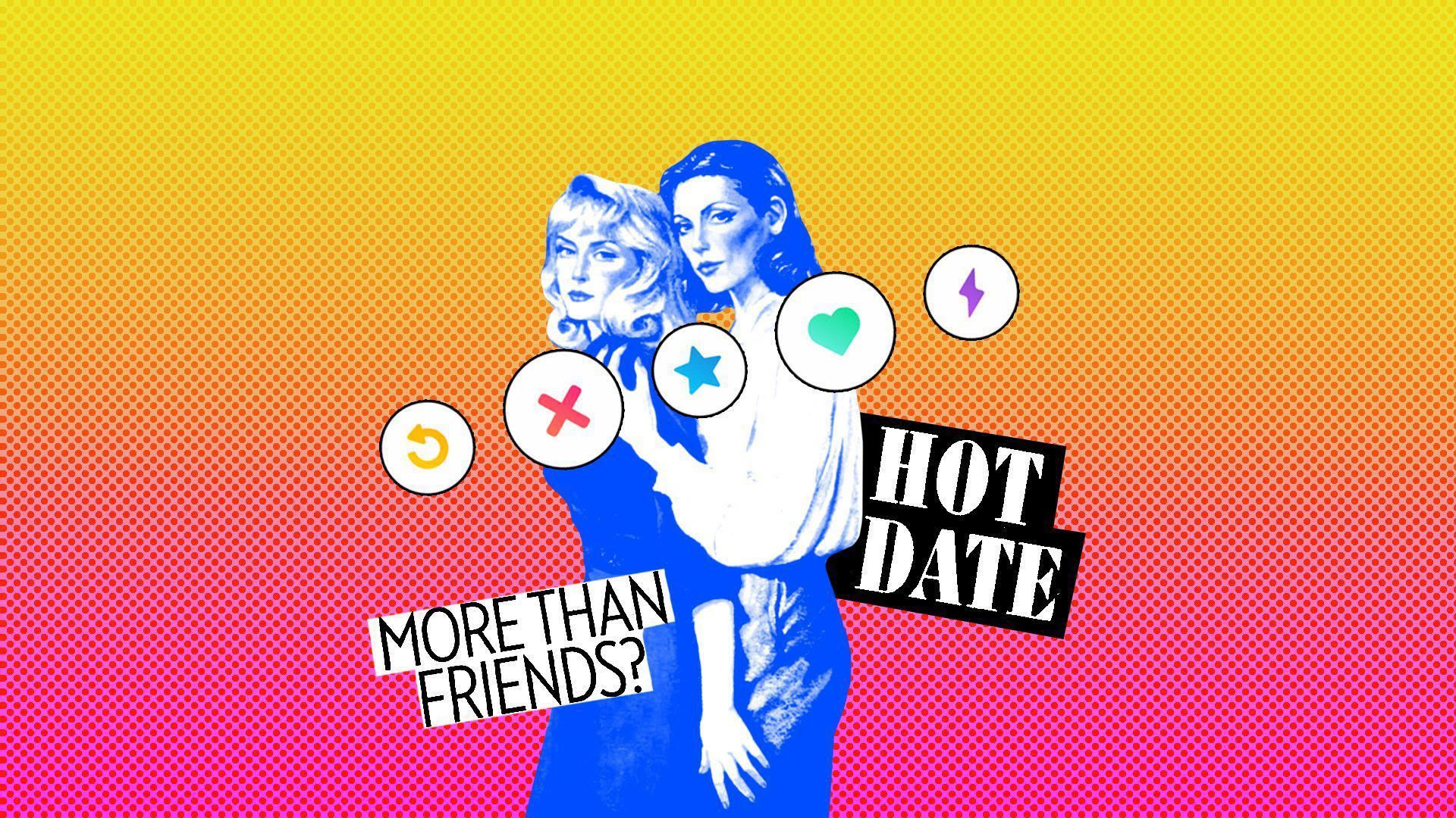 Two women against a sunset background, with the dating app swipe options written over them.
