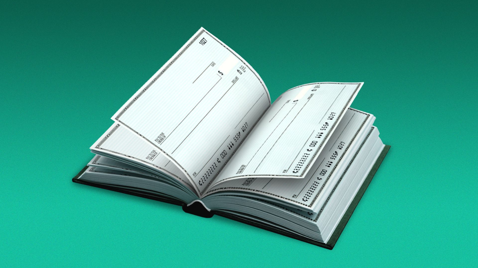 Illustration of a hardcover book opened with pages made from personal checks
