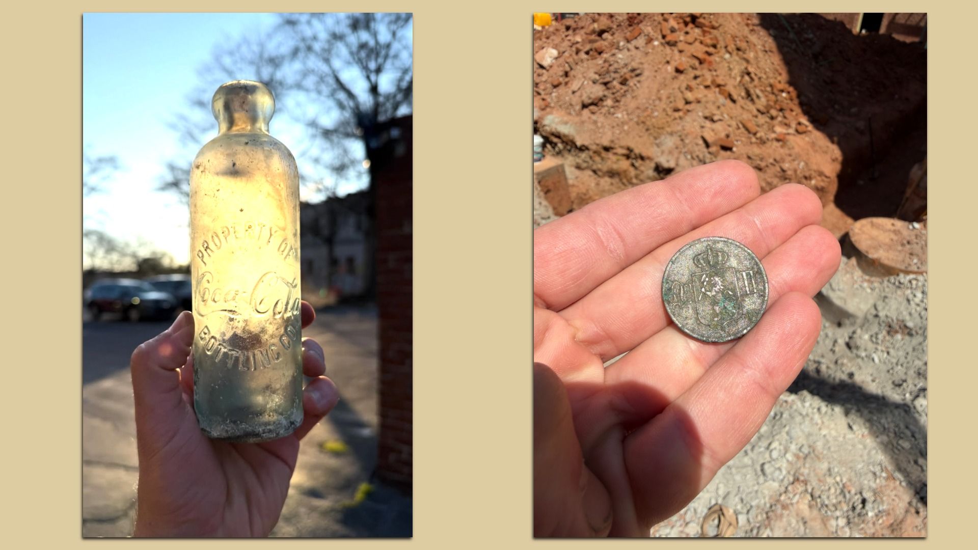 Two-panel image on beige background. Left: hand holds a dusty vintage Coca-Cola bottle with embossed text against a blue sky. Right: hand shows a worn coin over construction rubble.