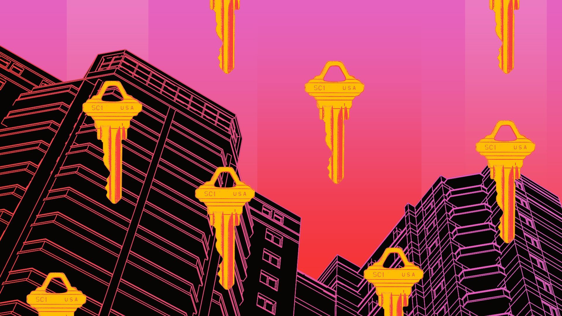 an illustration of a wireframe office building and colorful keys 