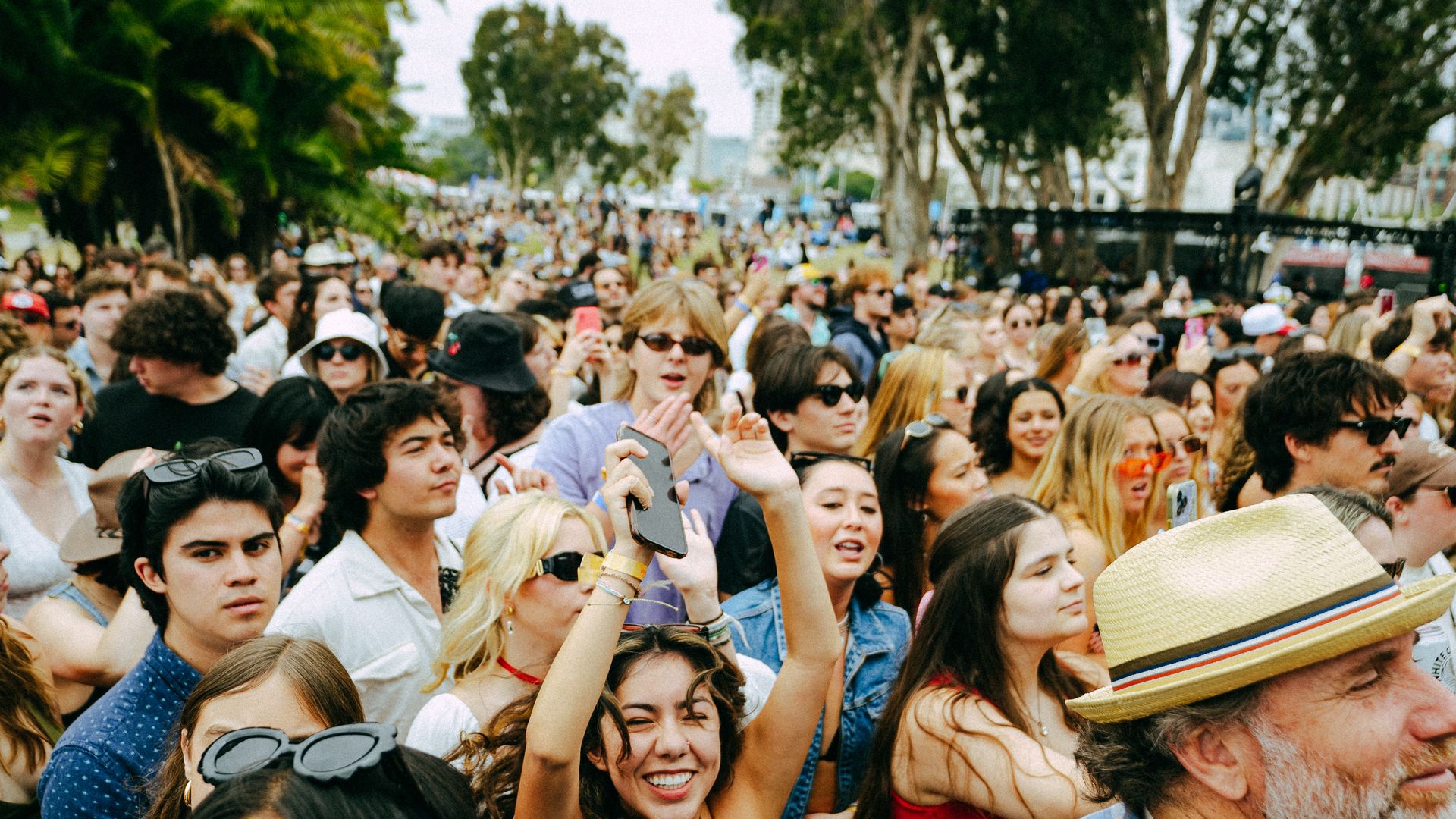A crowd shot surrounded by palm trees at Wonderfront