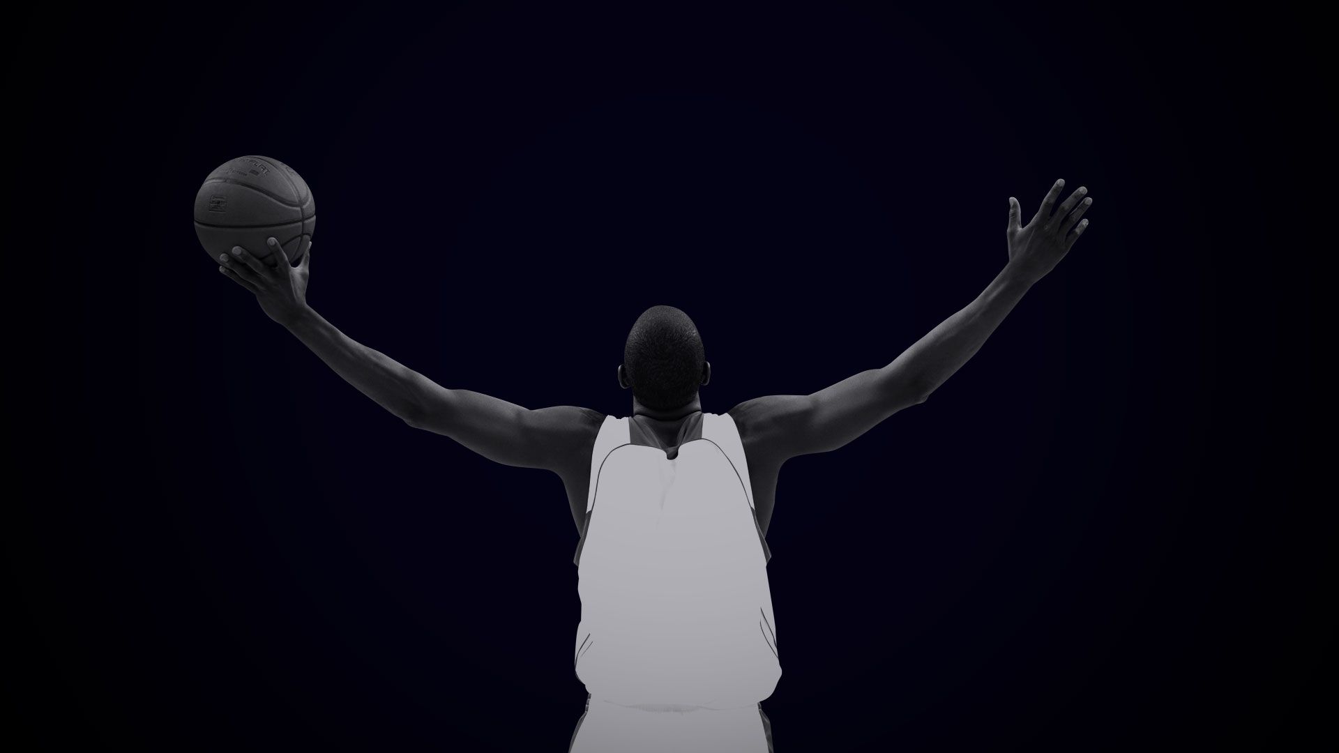 Illustration of basketball player with their arms up in the darkness.
