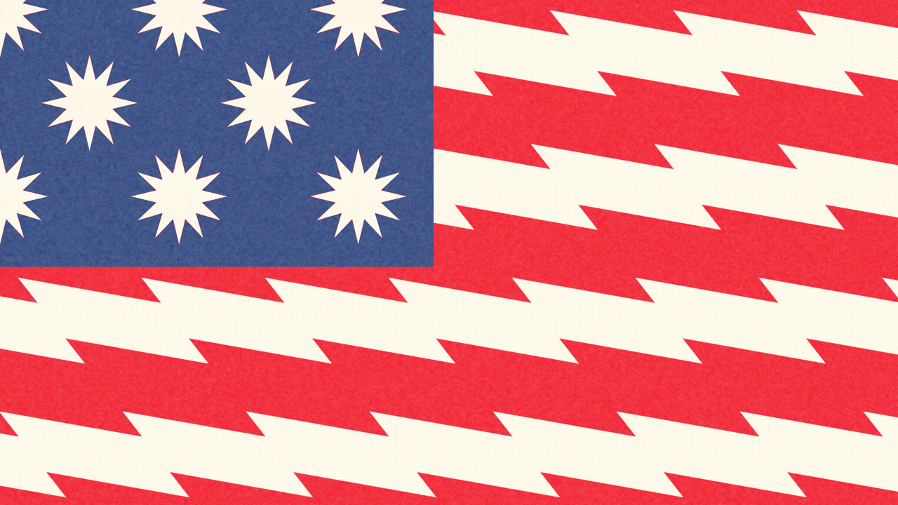 Animated illustration of an American flag with lightning for stripes and bursts of energy for stars.