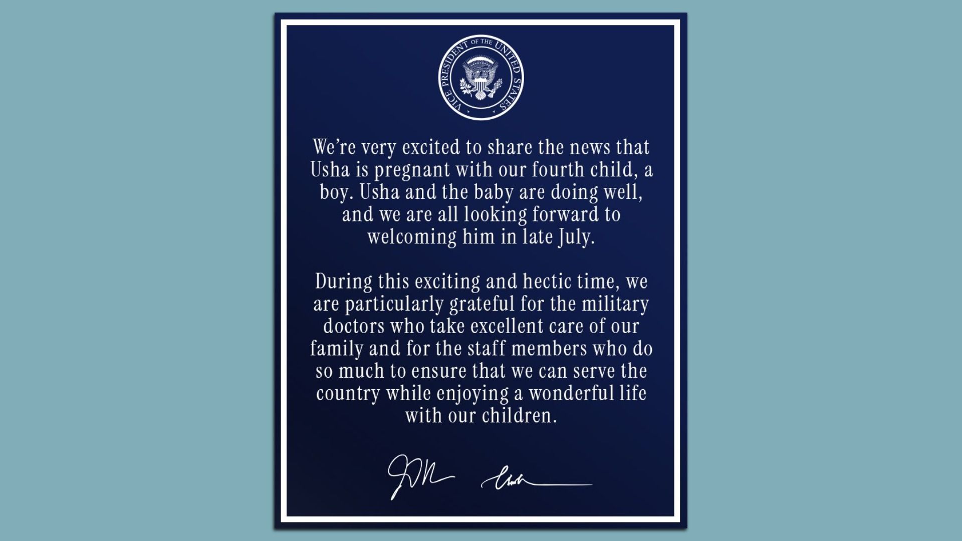 Navy blue announcement with white text and the Vice President of the United States seal, sharing news of Usha's pregnancy with their fourth child, a boy, due in late July.