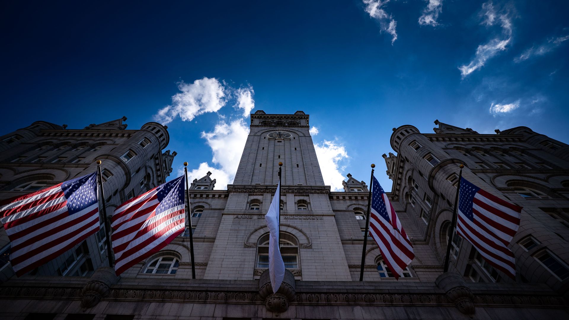 The Waldorf Astoria hotel in DC with American flags