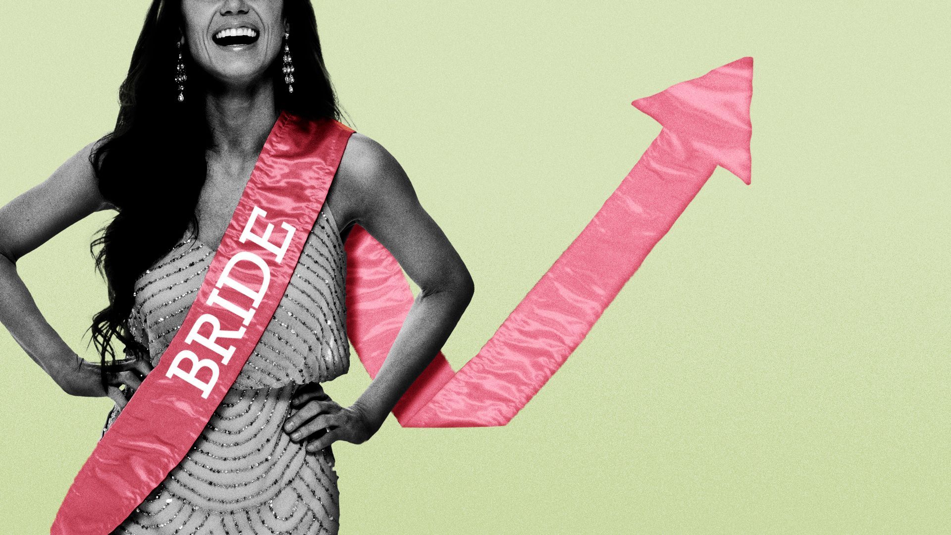 Illustration of a woman wearing a pink sash that says "bride" as it wraps around her and forms an upward arrow. 
