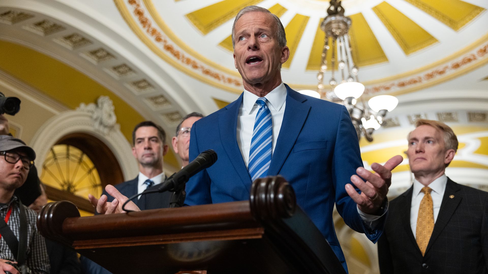 Senate Majority Leader John Thune speaks at a press conference with other members of Senate Republican leadership at the U.S. Capitol on Oct. 15. 