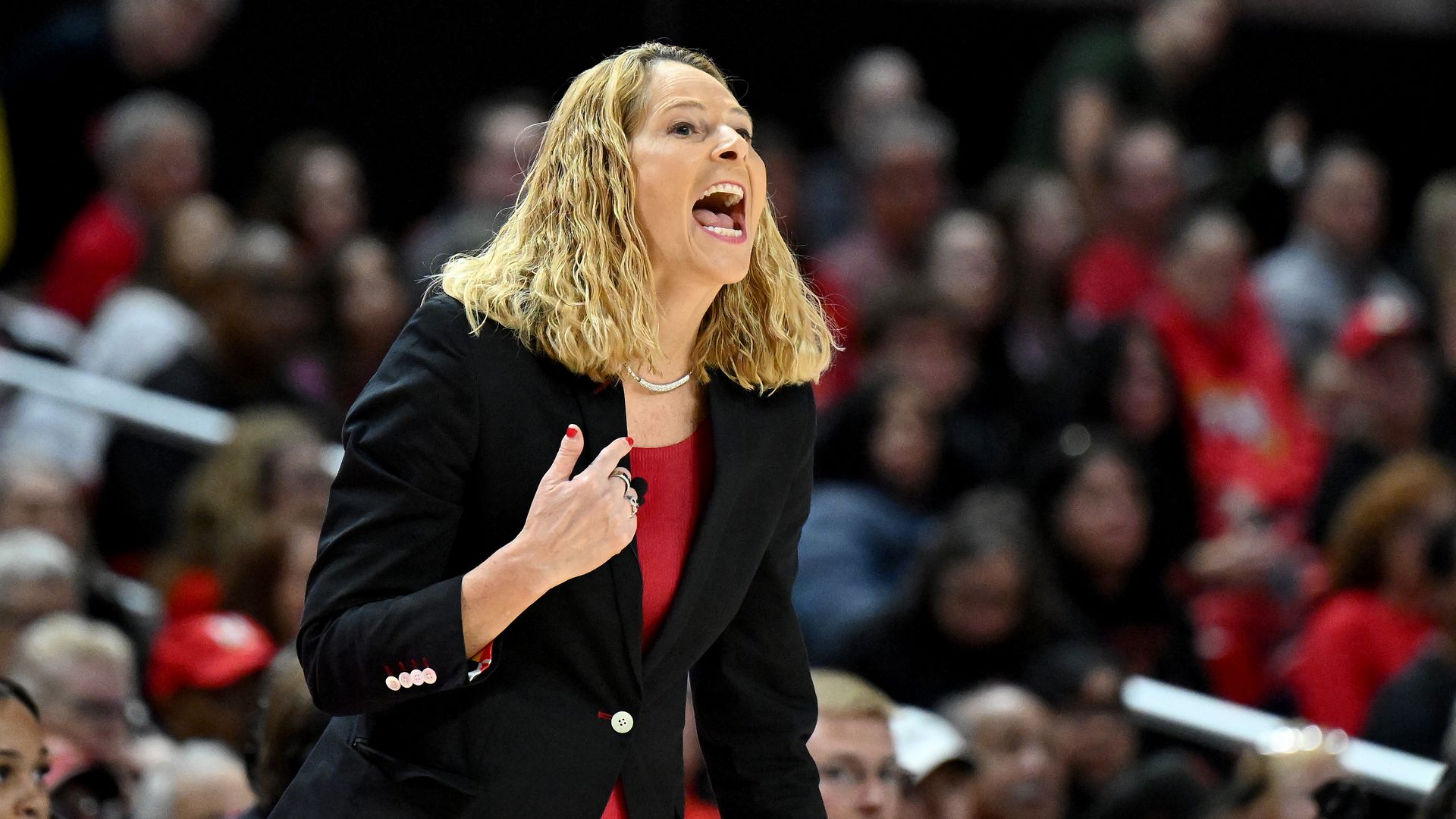 COLLEGE PARK, MARYLAND - JANUARY 11: Head coach Brenda Frese of the Maryland Terrapins watches the game against the Ohio State Buckeyes at Xfinity Center on January 11, 2026 in College Park, Maryland. (Photo by G Fiume/Getty Images)