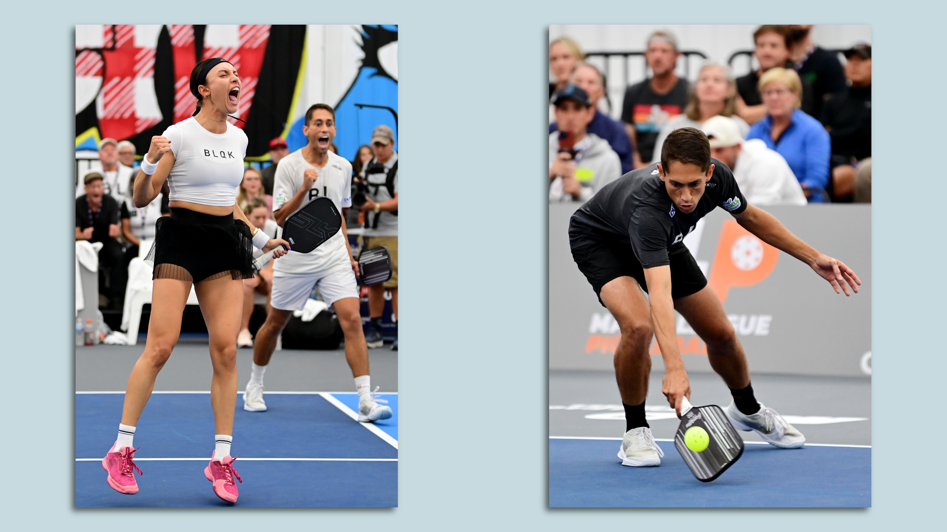 Two photos of a pickleball championship: On left, players celebrate winning a point, on right, a player reaches down with a paddle to hit the pickleball.