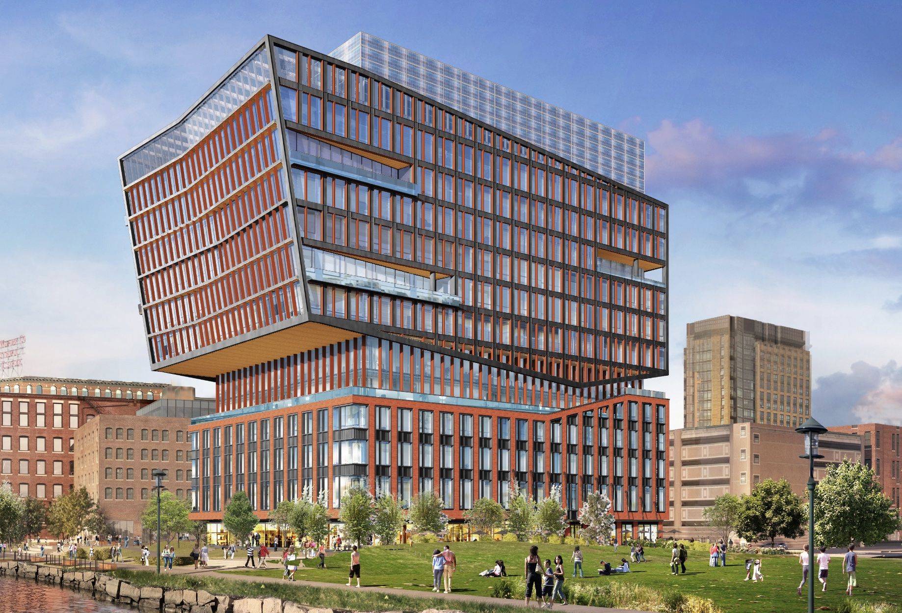 A rendering showing a 12-story building (where the top half looks like a trapezium) in the Fort Point neighborhood. Eli Lilly will move into this building, its new R&D campus, in 2024