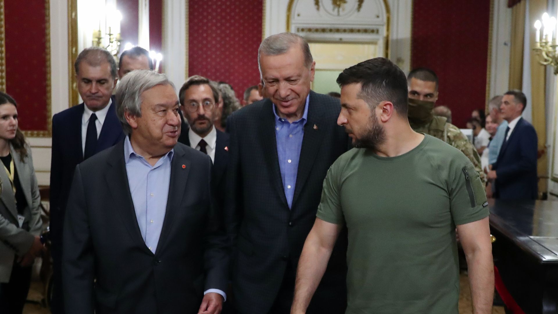 Ukrainian President Volodymyr Zelensky with United Nations Secretary-General Antonio Guterres and Turkish President Recep Tayyip Erdogan in Lviv on August 18.