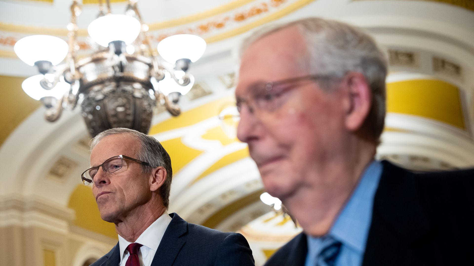Then-Senate Minority Leader Mitch McConnell and Minority Whip John Thune during a news conference at the U.S. Capitol on Nov. 19, 2024. 