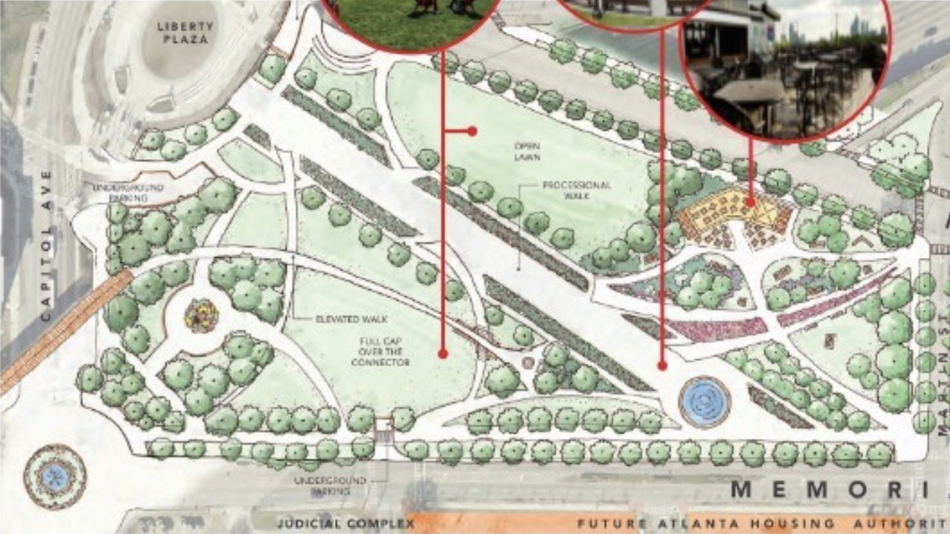 Map showing Liberty Plaza, Capitol Ave, MLK Jr. Dr., Memorial Dr., with labeled areas like open lawn, professional rake, playground, elevated walk, fountains, and future Atlanta Housing Authority expansion.