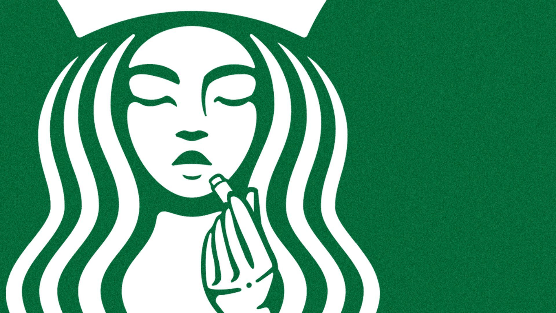 Illustration of the Starbucks logo applying lip balm. 