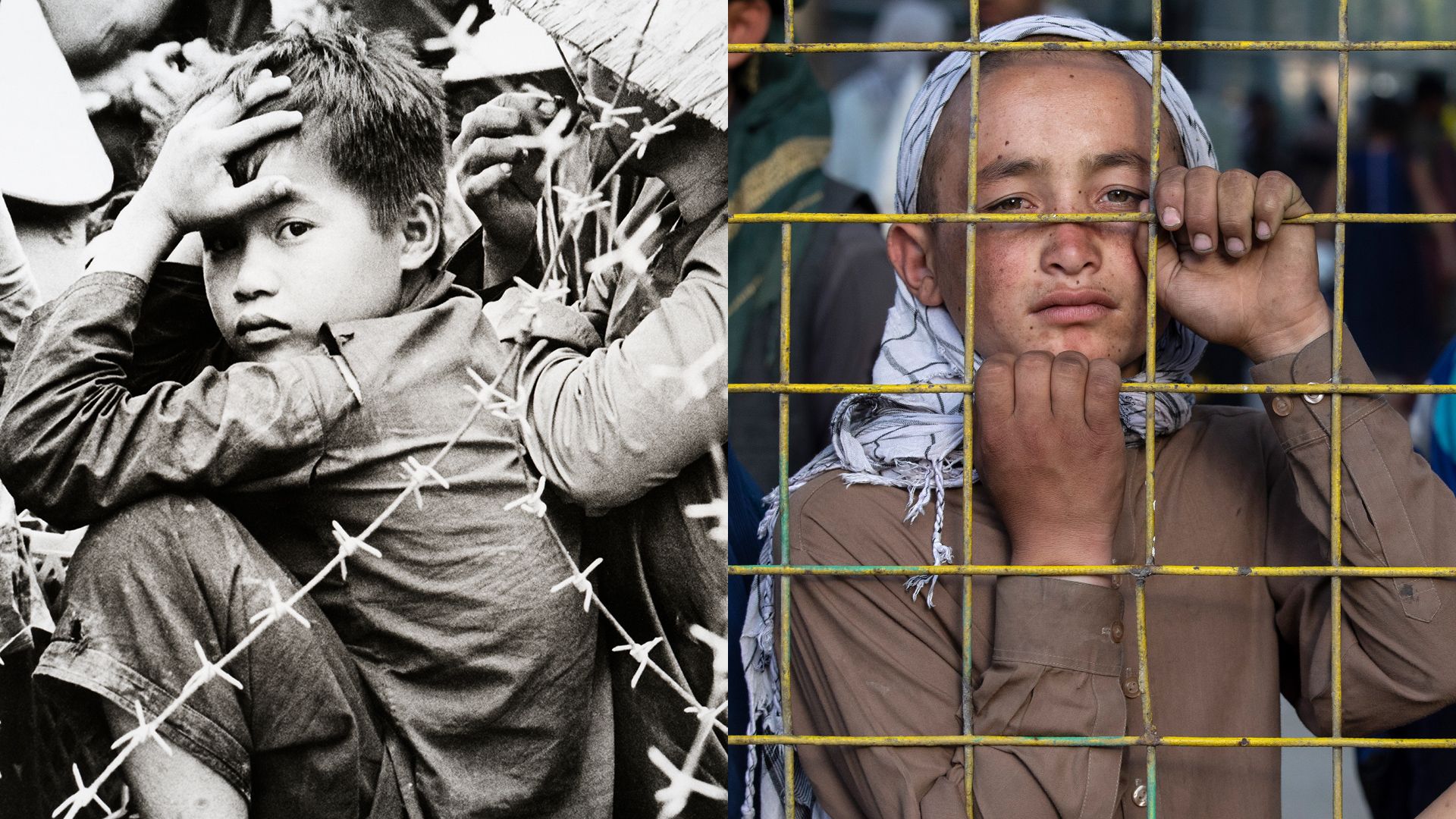 Side by side photos from the Vietnam and Afghanistan wars, showing children behind fences. 