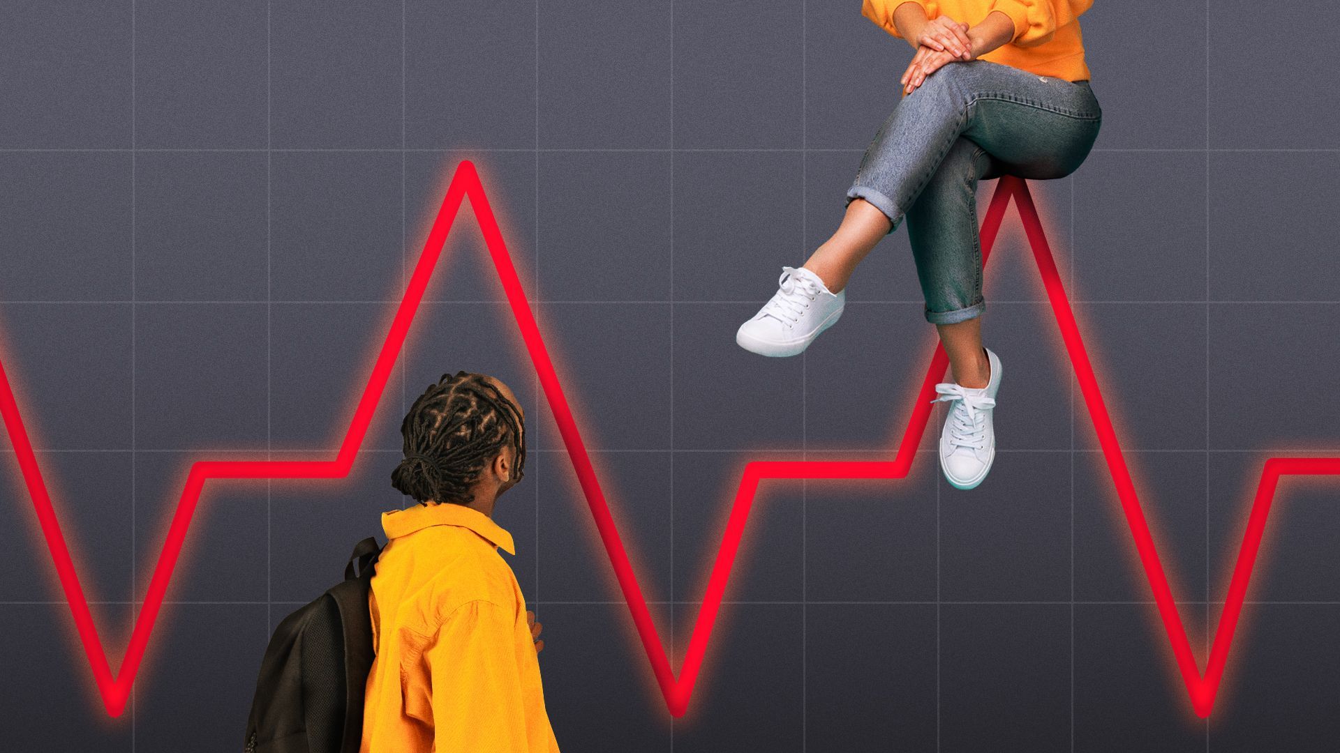 Illustration of a person sitting on a peak of an EKG line with a person looking up from below.