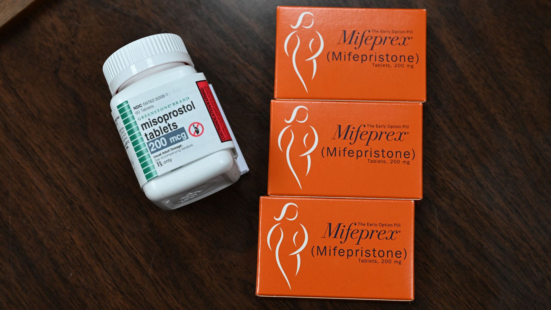Picture of three orange boxes of mifepristone