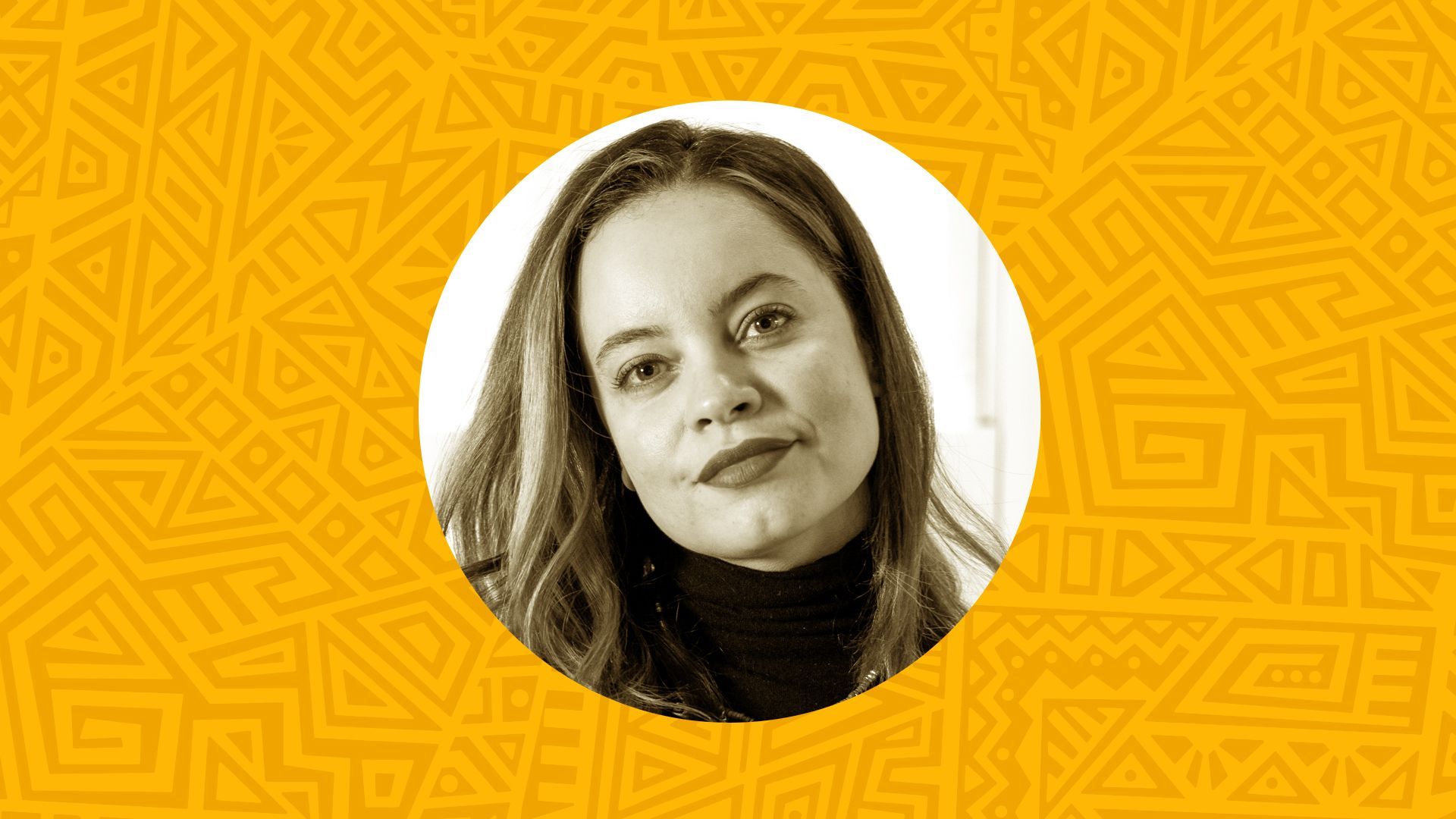 Photo illustration of Nicole Op Den Bosch surrounded by an abstract patterned background.