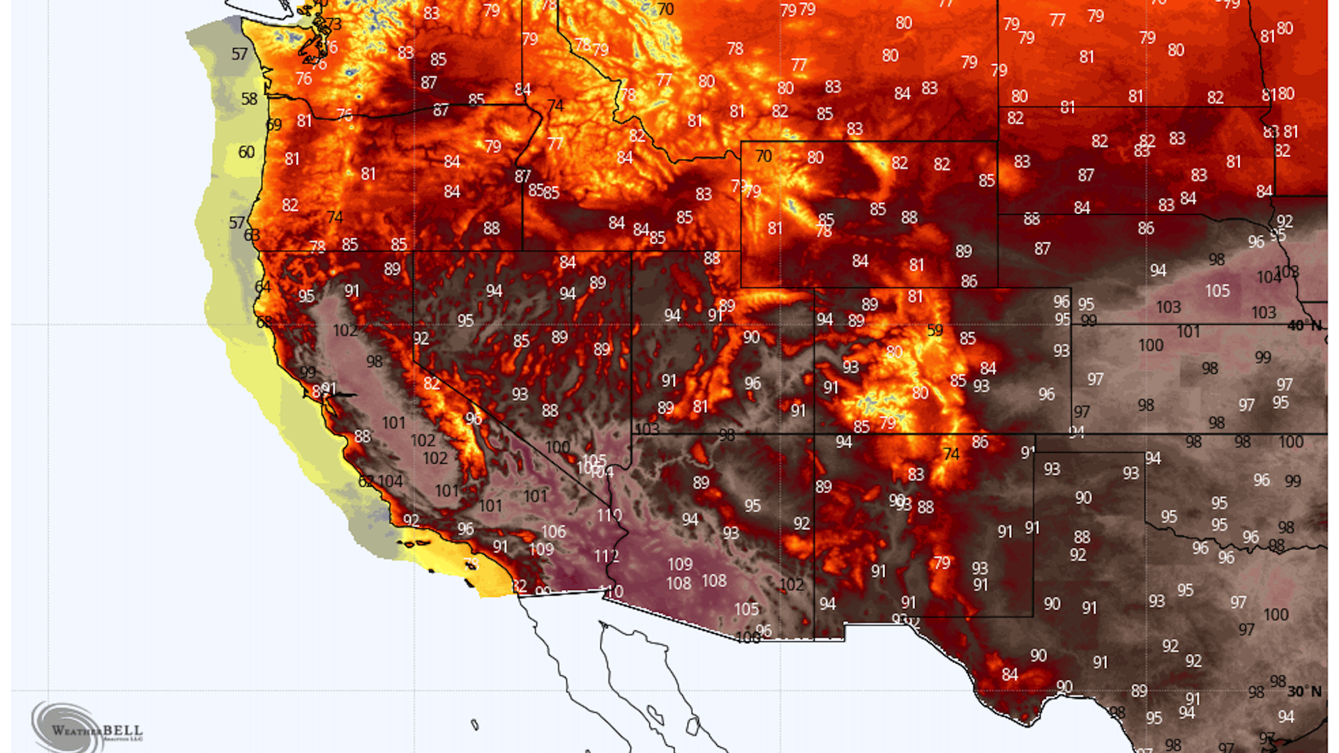 Map showing temperatures in the West, with colors corresponding to extreme heat.